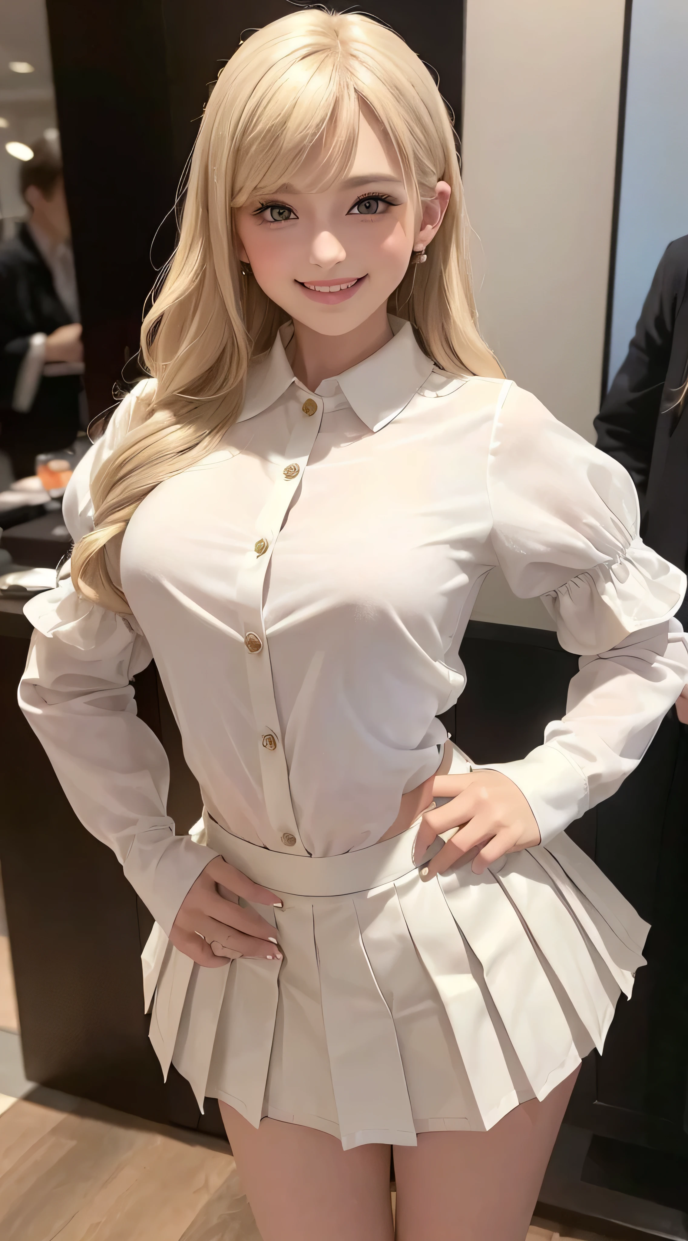 European and American women, Fashion Model, Glamour, Paparazzi took pictures of her, blonde hair, brown eyes, 8K, high quality, masterpiece, 最high quality, HD, very detailed、voluminous lighting, photorealistic、((white long sleeve button up blouse_with collar_Remove up to the second button_puffy sleeves_see-tyrough sleeves_white pleated mini skirt:1.3)),((shy smile:1.3)),fullbody shot、((full figure supermodel standing, entire body in frame))