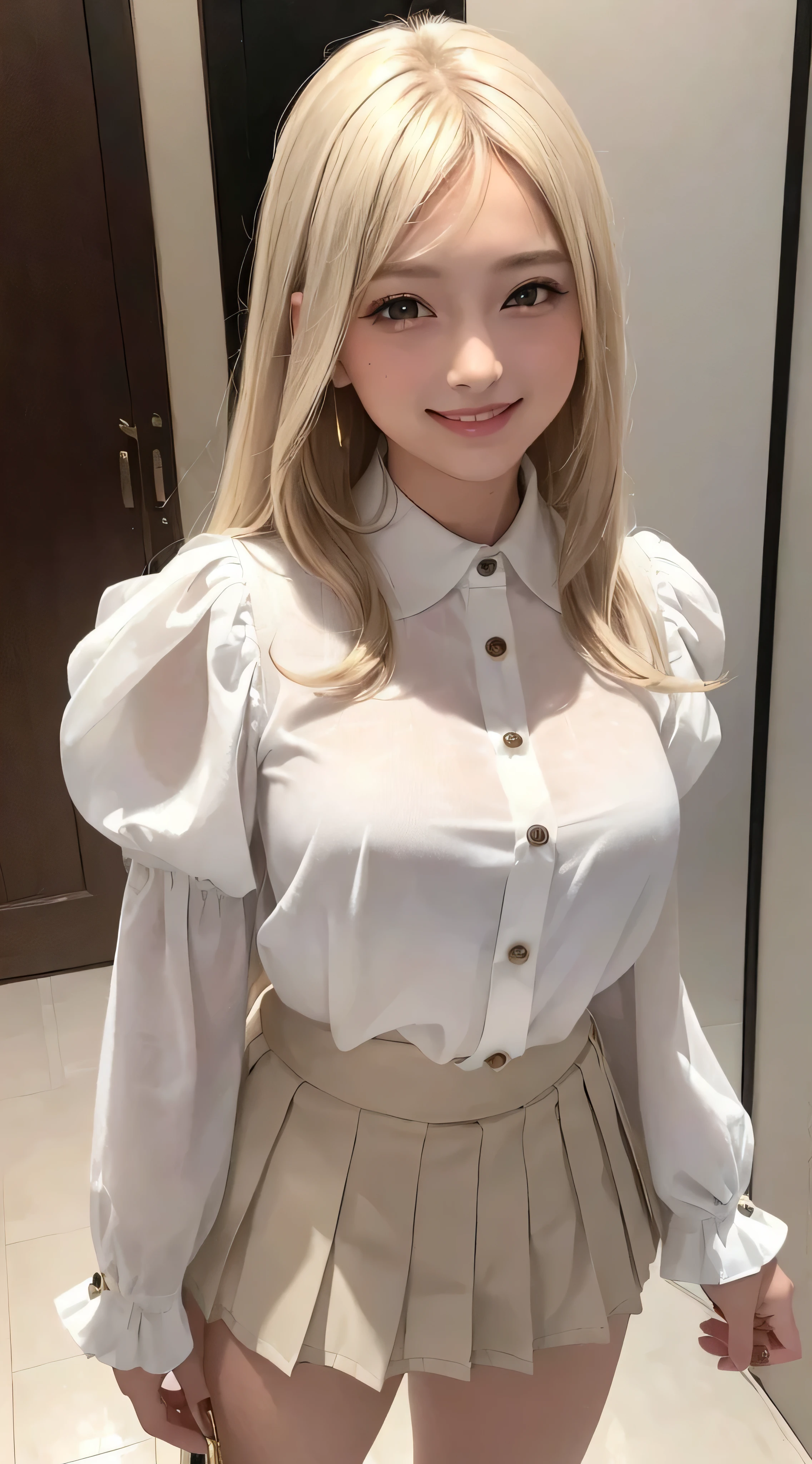 European and American women, Fashion Model, Glamour, Paparazzi took pictures of her, blonde hair, brown eyes, 8K, high quality, masterpiece, 最high quality, HD, very detailed、voluminous lighting, photorealistic、((white long sleeve button up blouse_with collar_Remove up to the second button＿puffy sleeves＿see-tyrough sleeves_white pleated mini skirt:1.3)),((shy smile:1.3)),fullbody shot、((full figure supermodel standing, entire body in frame))