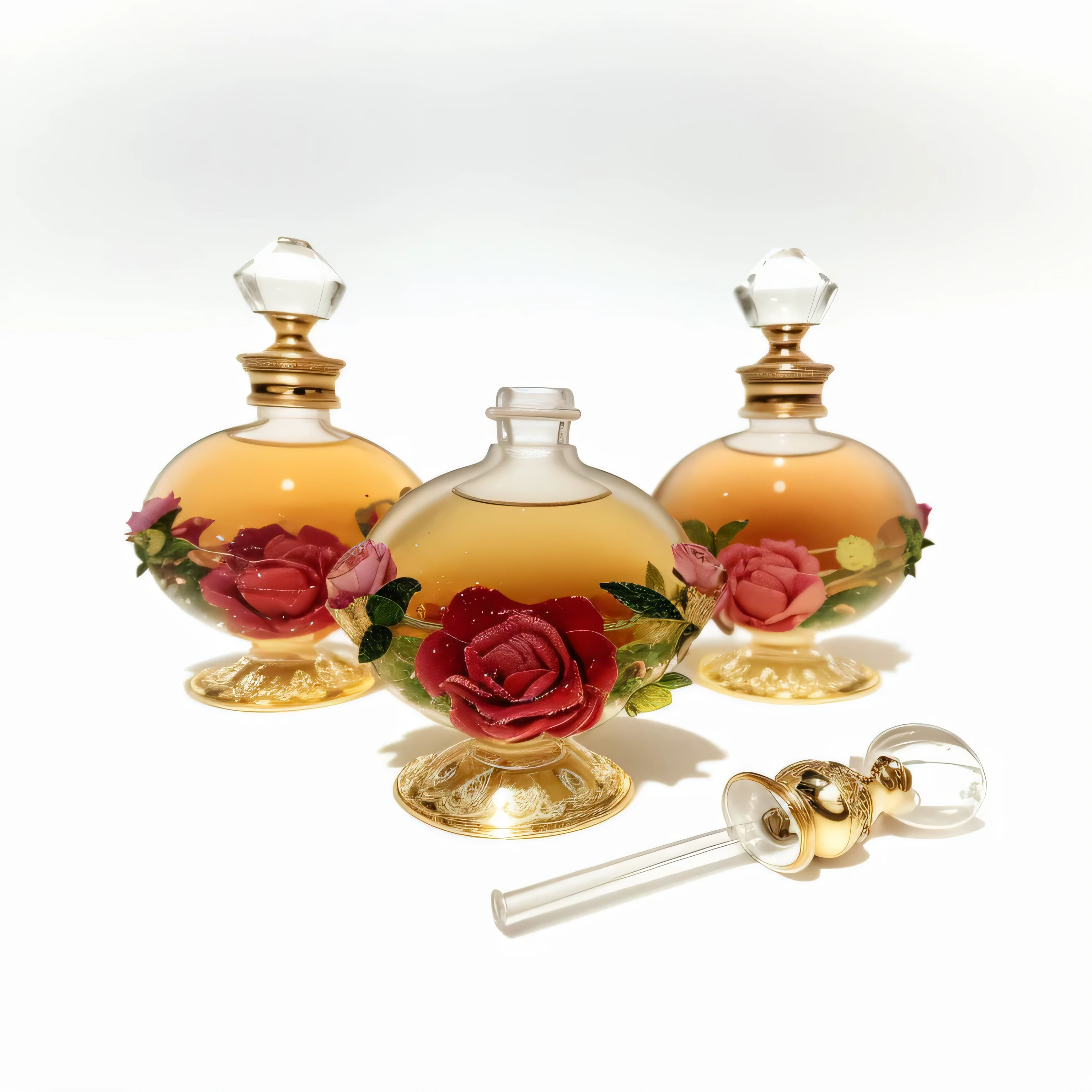 there are three perfume bottles with flowers and a glass stopper, antique perfume, frasco de perfume, 18th century perfume bottle, perfume, translucent roses ornate, linda garrafa de vidro intrincada, rainha do hibisco barroco, intricate oil paintings, Floral Bling, foto do produto em miniatura, flutuando em perfume, colocado contra um fundo branco, sedutora premiada, assunto completo mostrado na foto, lindo