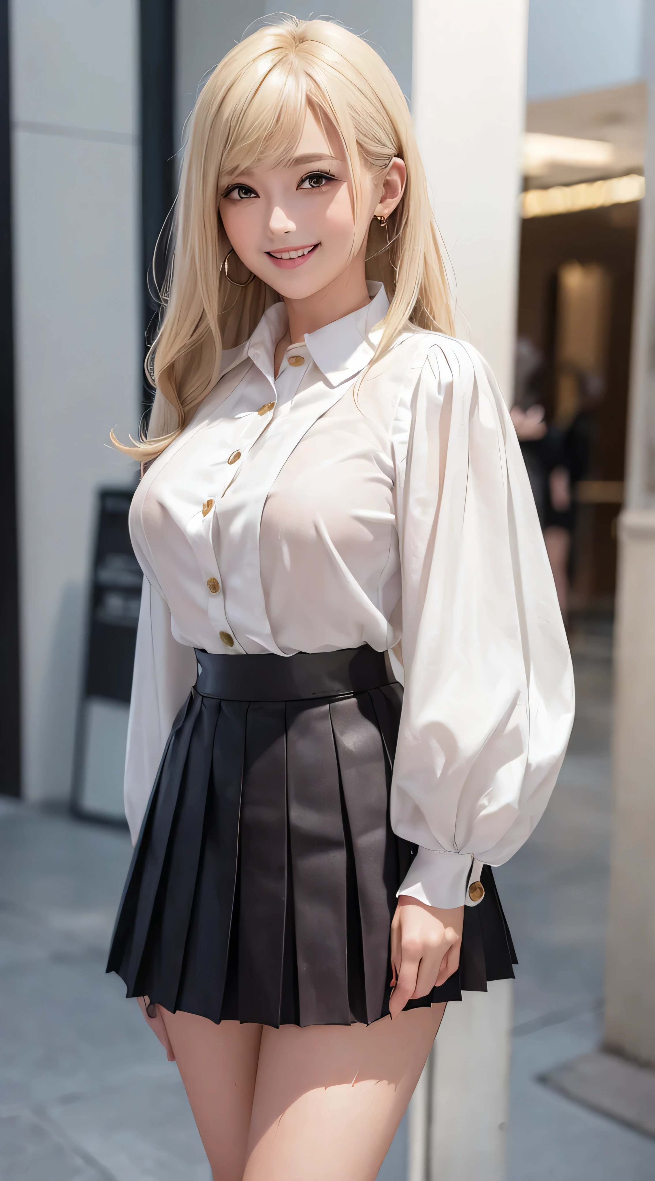 European and American women, Fashion Model, Glamour, Paparazzi took pictures of her, blonde hair, brown eyes, 8K, high quality, masterpiece, 最high quality, HD, very detailed、voluminous lighting, photorealistic、((white long sleeve button up blouse_with collar_Remove up to the second button_puffy sleeves_see-tyrough sleeves_white pleated mini skirt:1.3)),((shy smile:1.3)),fullbody shot、((full figure supermodel standing, entire body in frame))、superlonghair over one eye