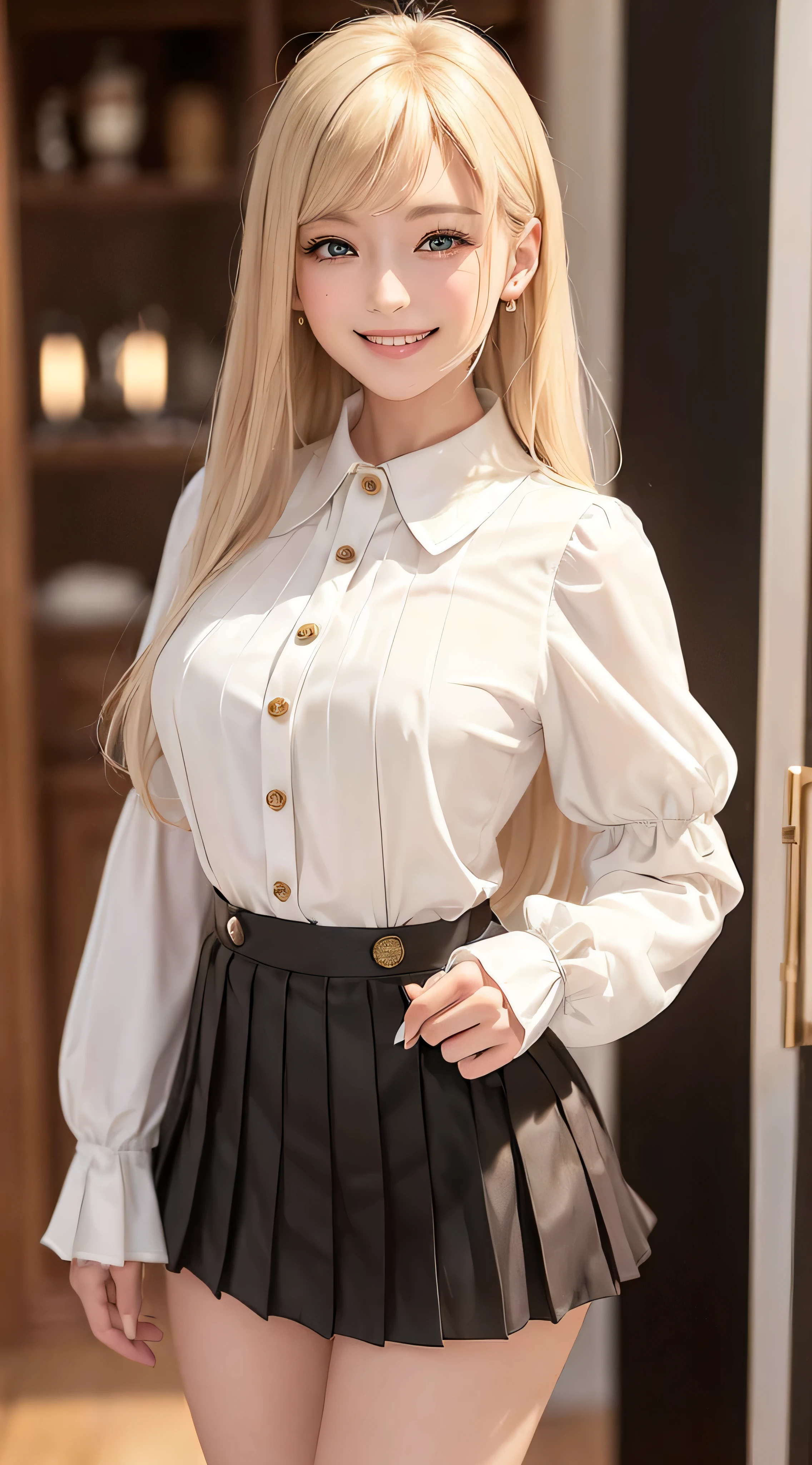 European and American women, Fashion Model, Glamour, Paparazzi took pictures of her, blonde hair, brown eyes, 8K, high quality, masterpiece, 最high quality, HD, very detailed、voluminous lighting, photorealistic、((white long sleeve button up blouse_with collar_Remove up to the second button_puffy sleeves_see-tyrough sleeves_white pleated mini skirt:1.3)),((shy smile:1.3)),fullbody shot、((full figure supermodel standing, entire body in frame))、superlonghair over one eye