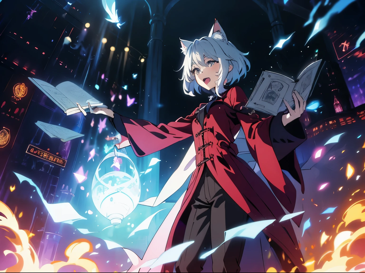 masterpiece, A world where magic and technology coexist, cat ears girl (gray hair, short hair) ,boyish,Hone your skills、Let's go on a journey to uncover the secrets of power.., beautiful eyes、depicted in detail. The magician makes the most of the potential of his abilities..、We must learn how to unlock the true potential of modern magic. Full body illustration,cast a spell,Western buildings,gothic style,indoor,sing a song,pants