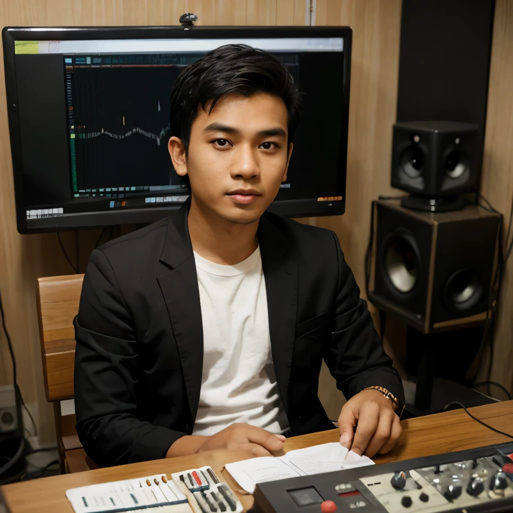 a reallistic caricature, a young Indonesian man sitting in front of a screen, a chest-high table in front of him, wearing a blazer and a t-shirt that says "RICHIE MARLUGA", in a recording studio, apparently explaining something 

