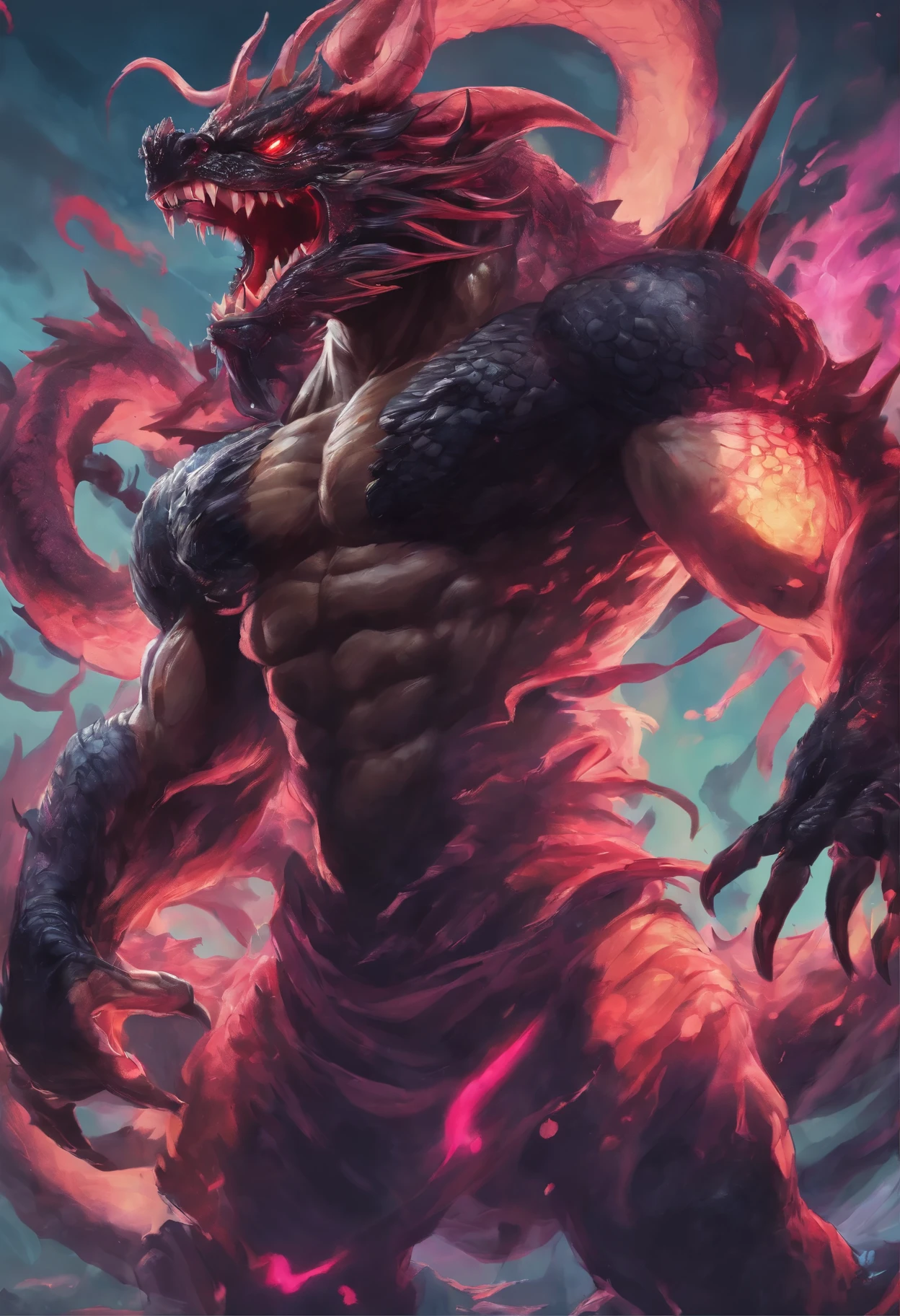 Red dragon muscular naked, tentacle sucking penis, tentacles fondling nipples, scars over body