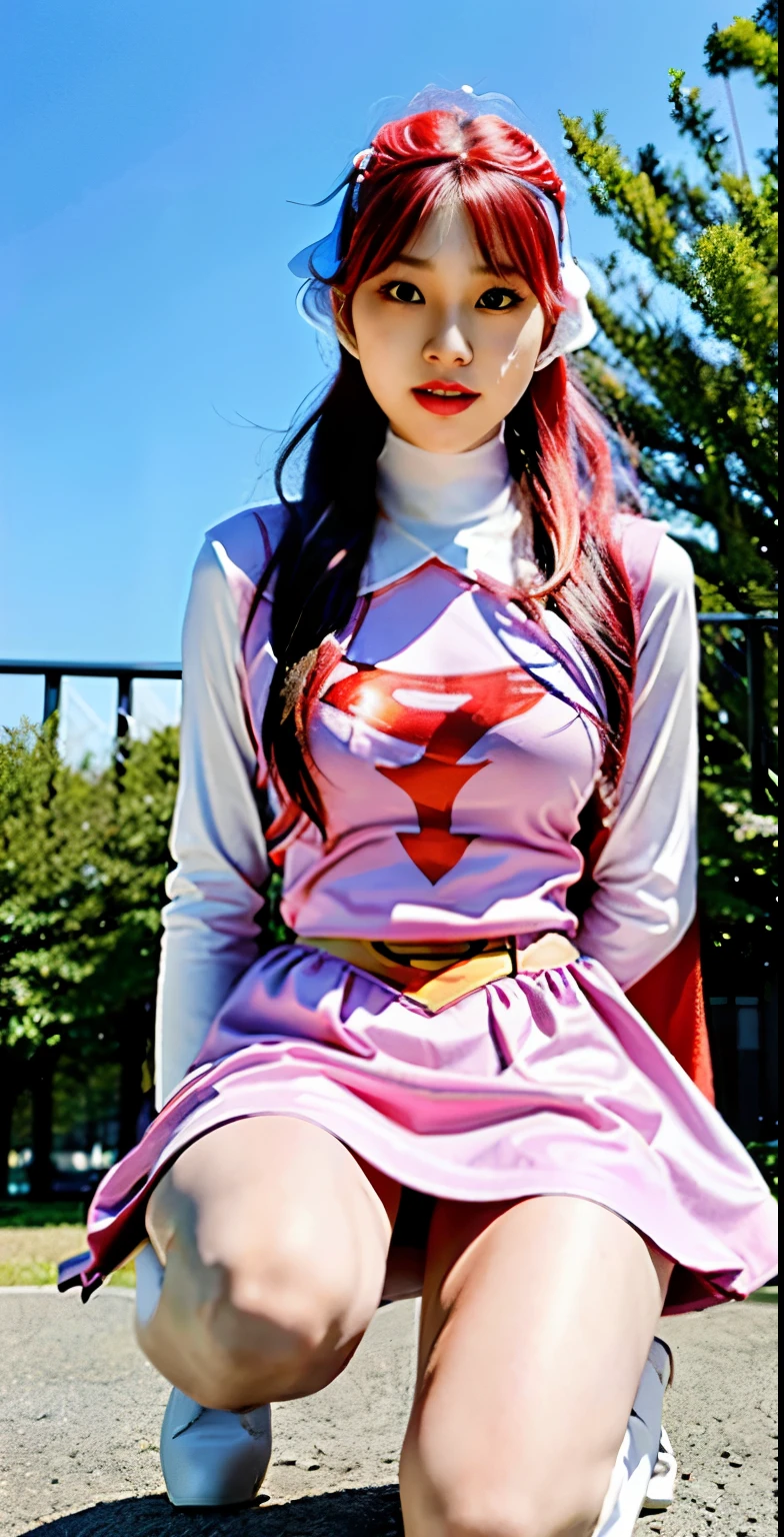 Highest image quality、real image、super detailed photo、18-year-old美少女、ポニーテールbeautiful woman、beautiful sister、A woman wearing a pink dress and cloak is squatting in front of a building,spread legs、showwhitepanties,whitepanties,white panties、beautiful woman、Jun、beautiful sister、beautiful sister、 18-year-oldの女の子,白鳥のJun、knee high boots science ninja、white panties、beautiful woman、 As a retro-futuristic heroine, 18-year-old、As a retro-futuristic heroine, beautiful thighs、sheila, she - ra, anime female hero portrait, Portrait of a modern dharna, anime visual of super girl, super girl, official art, Dinah Drake, hironaka, Blowjob White Mecha Miniskirt