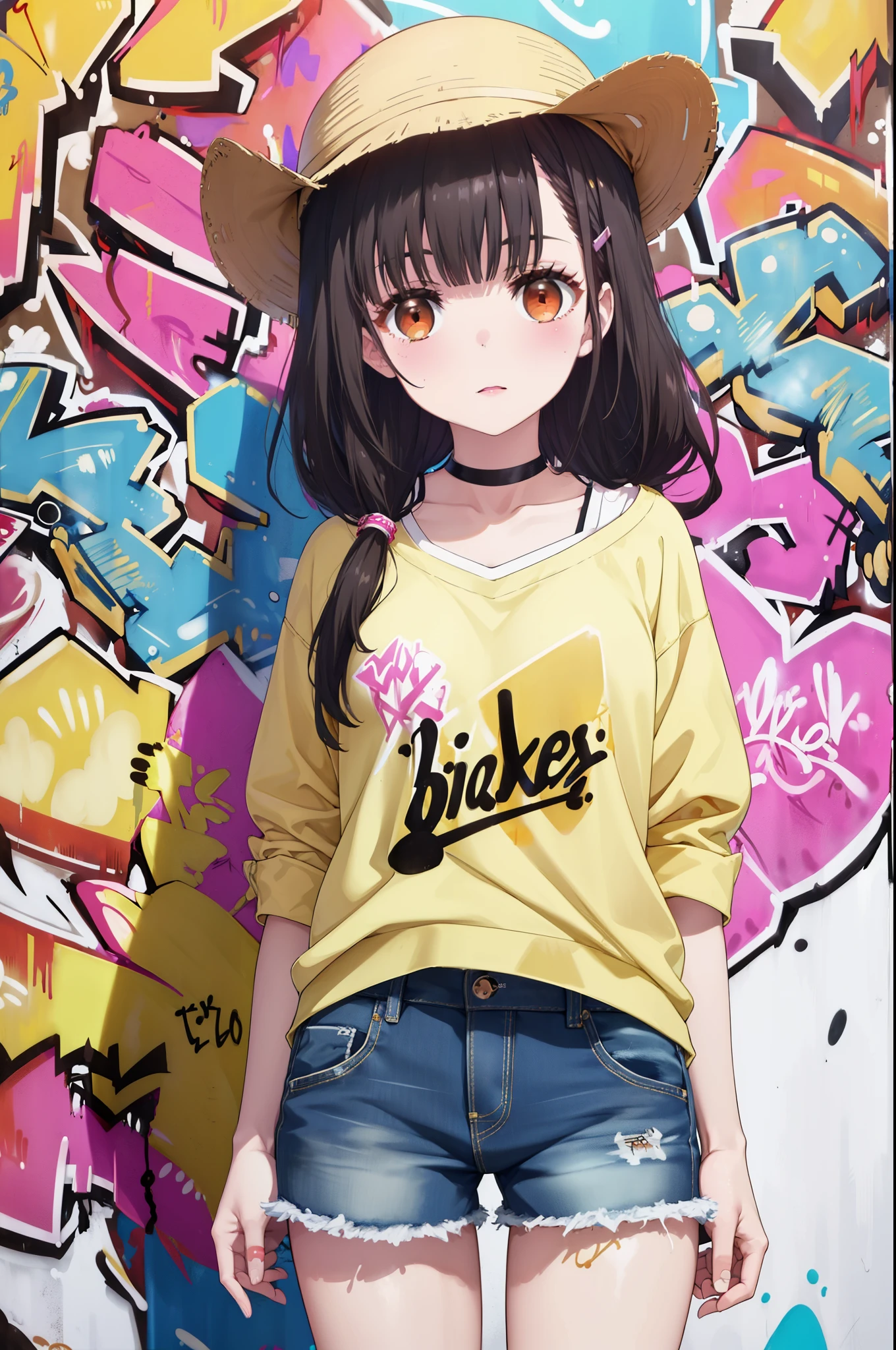 yumeirido, yume irido, long hair, bangs, (black hair:1.5), hair ornaments, (brown eyes:1.5), hair clip,smile,blush,baseball hat,denim shorts, choker, (graffiti:1.5), paint splatters, turn your arms behind your back, towards the wall, looking at the viewer, thigh strap, 
break　outdoors ,Alley,　　　　　　　　　　　break looking at viewer, (cowboy shot:1.5),
break (masterpiece:1.2), highest quality, High resolution, unity 8k wallpaper, (figure:0.8), (detailed and beautiful eyes:1.6), highly detailed face, perfect lighting, Very detailed CG, (perfect hands, perfect anatomy),