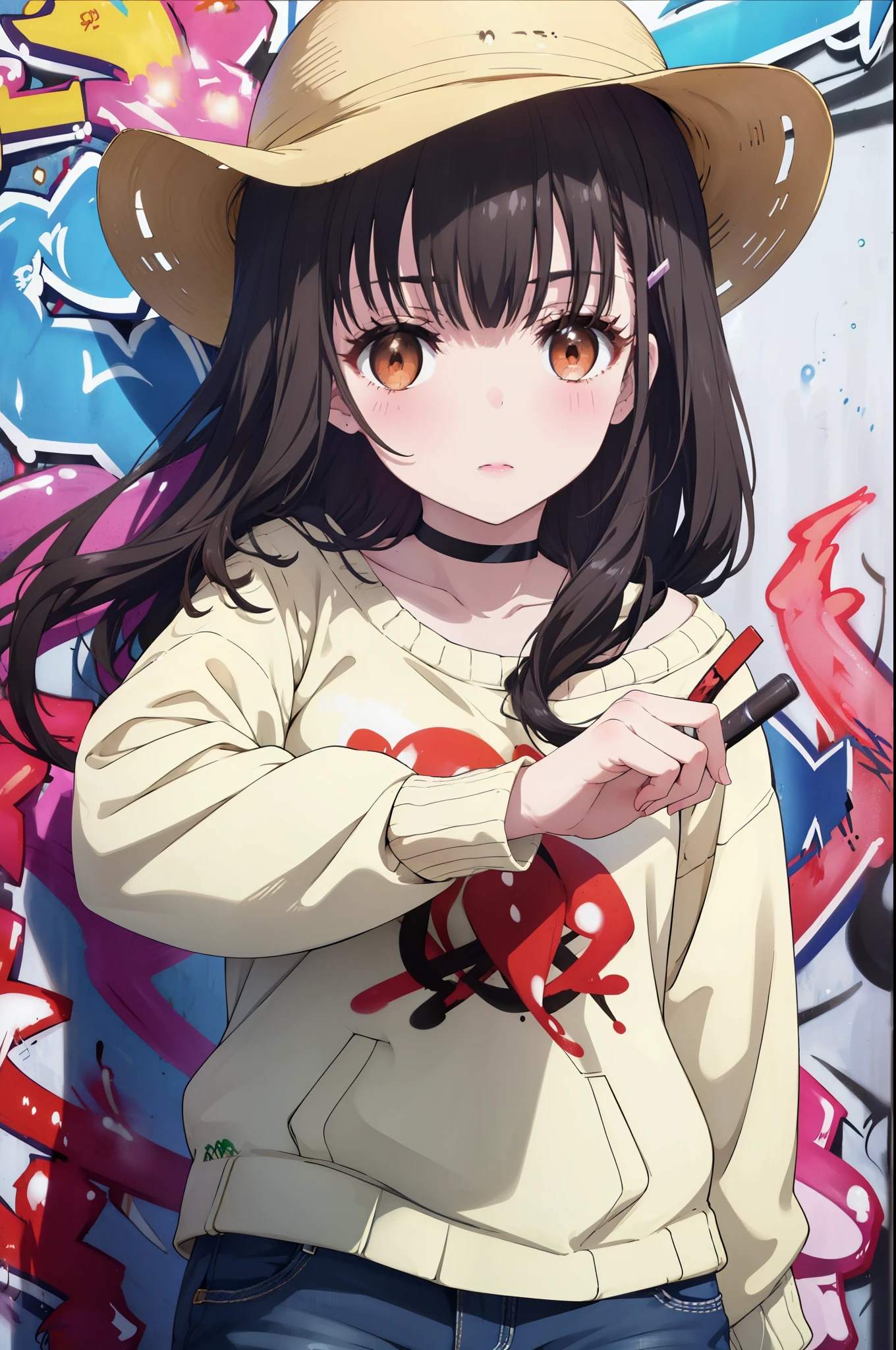 yumeirido, yume irido, long hair, bangs, (black hair:1.5), hair ornaments, (brown eyes:1.5), hair clip,smile,blush,baseball hat,denim shorts, choker, (graffiti:1.5), paint splatters, turn your arms behind your back, towards the wall, looking at the viewer, thigh strap, 
break　outdoors ,Alley,　　　　　　　　　　　break looking at viewer, (cowboy shot:1.5),
break (masterpiece:1.2), highest quality, High resolution, unity 8k wallpaper, (figure:0.8), (detailed and beautiful eyes:1.6), highly detailed face, perfect lighting, Very detailed CG, (perfect hands, perfect anatomy),