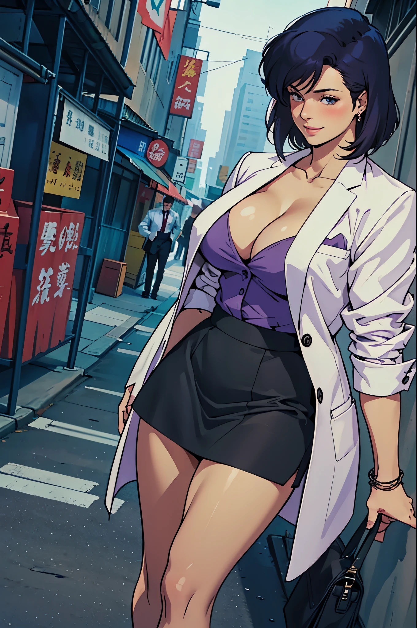 masterpiece, ultra quality, Beautiful detailed, extremely detailed,16K, exquisite, highres, Beautiful background, Beautiful eye, Beautiful skin, anime style, ((business suitを着ているSaekoが視聴者に迫っている.)), Saeko, 28 years old, 1 girl, alone, ((Breast Close-up)), smile, blush, ecstatic expression, looking at the viewer, erotic, charm的な, charm, Are standing, (Muscular female slender body, tall, clavicle, Fat, beautiful huge breasts, redness of the breast, big ass, Fat, beautiful long legs), cleavage, perfect anatomy, sweaty, It&#39;s hard to breathe, vapor, (business suit), BREAK(white jacket suit), BREAK(light purple shirt), BREAK(dark blue skirt:1.1), BREAK(pantyhose:1.1), BREAK(purple high heels), BREAK Downtown at night, From above, From above, cowboy shot, perfect quality, good quality, masterpiece, HDR, UHD,