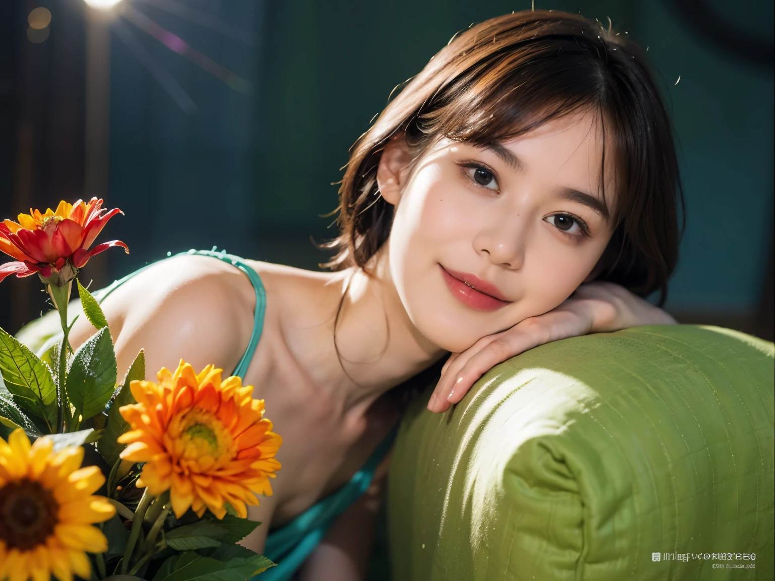 174
Shorthair, a 20 yo woman, gentle smile, colorful flowers, splash, (fractal art:1.46)