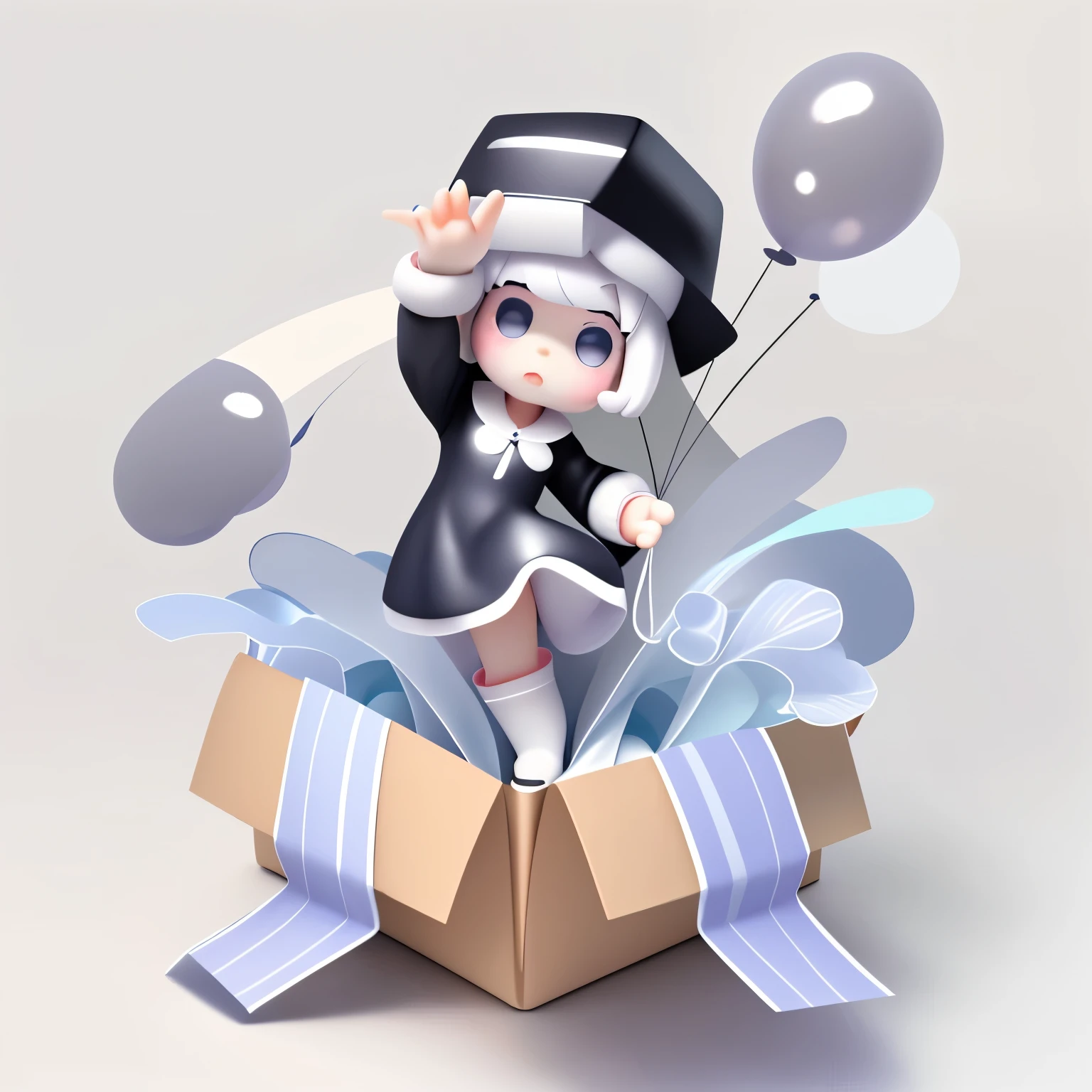 Bubble Mart blind box style,a girl,Popped out of a cardboard box,Left hand making six sign,The right hand is holding two balloons,Wearing a white box-shaped hat,princess cut hairstyle,Off-white hair,Wearing dark gray skirt and boots