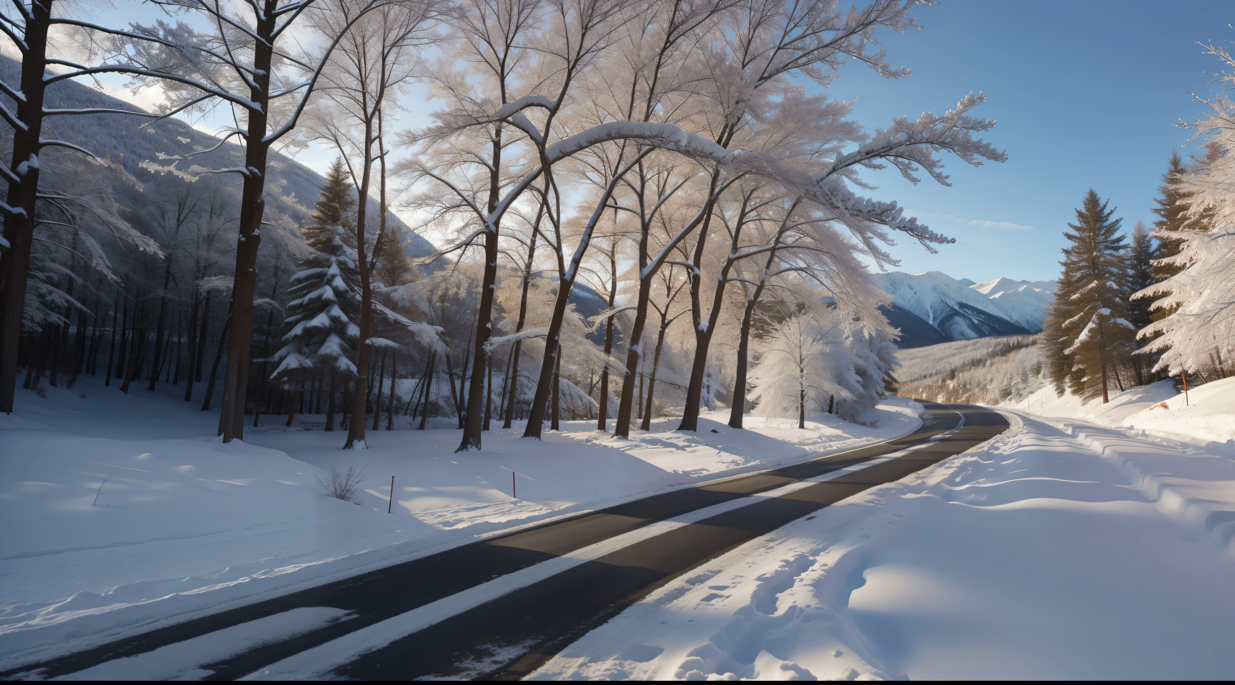 The snow-covered road  is surrounded with magnificent red maple trees on both sides of the mountains and the road ends at the sea.