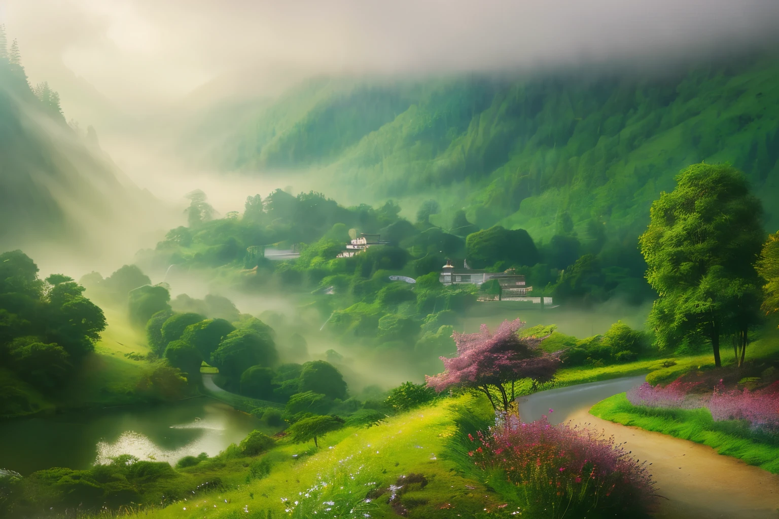 Enveloped in a mystical haze, the enchanting misty valleys unfold in a tranquil landscape. This breathtaking painting captures rolling hills cloaked in ethereal fog, imbuing the scene with an otherworldly charm. The soft pastel colors blend seamlessly, creating a dreamlike atmosphere. Delicate tendrils of mist snake through lush greenery, adding an air of mystery to the verdant scenery. Each detail is expertly rendered, making this image a masterpiece of serene beauty.