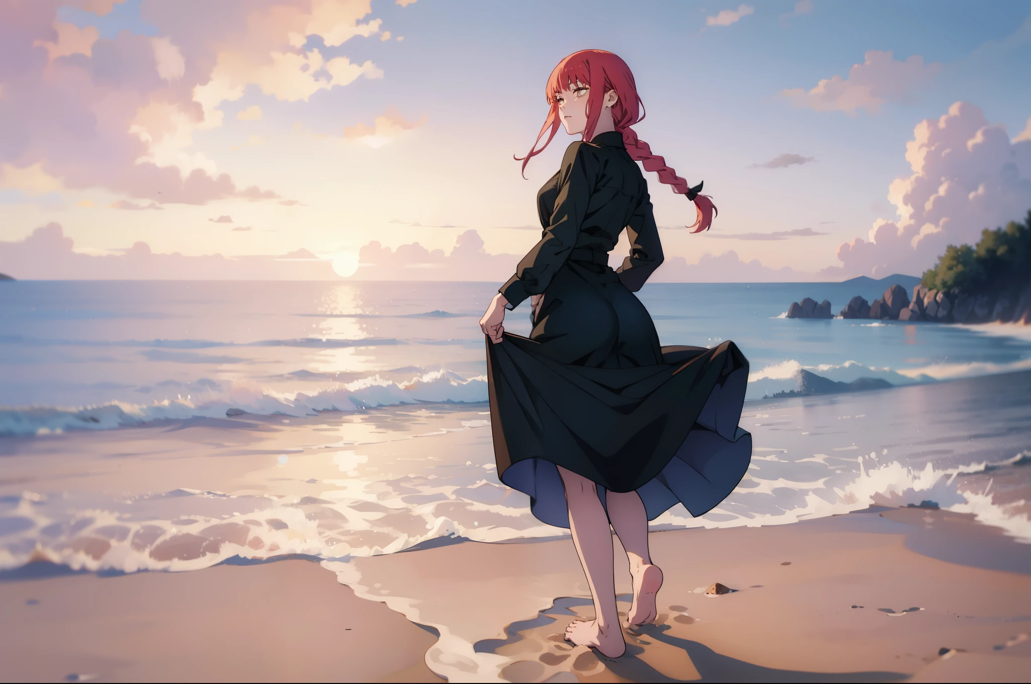 Solo,1girl,a beautiful woman in a tight black dress with long sleeves, from behind, looking back, on a beach, panoramic horizon, sunset, beautiful landscape, masterpiece, stunning body, big ass, barefoot, redhead, braid ,showing her ass, lifting her skirt,entering the water, footprints in the sand 