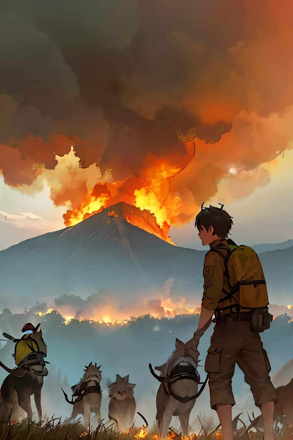 Volunteers and wild animals bravely collaborate in battling the raging Mountain Wild Fire in Chiangmai, Thailand, as the sun begins to set and the evening sky darkens, casting a p.m 2.5 haze over the landscape. Smoke billows from the fire's core, merging with the heavy atmosphere, while the volunteers and animals remain focused on containing the blaze. Their determination is unwavering, as they work together to protect the lush mountain terrain and the creatures that call it home.