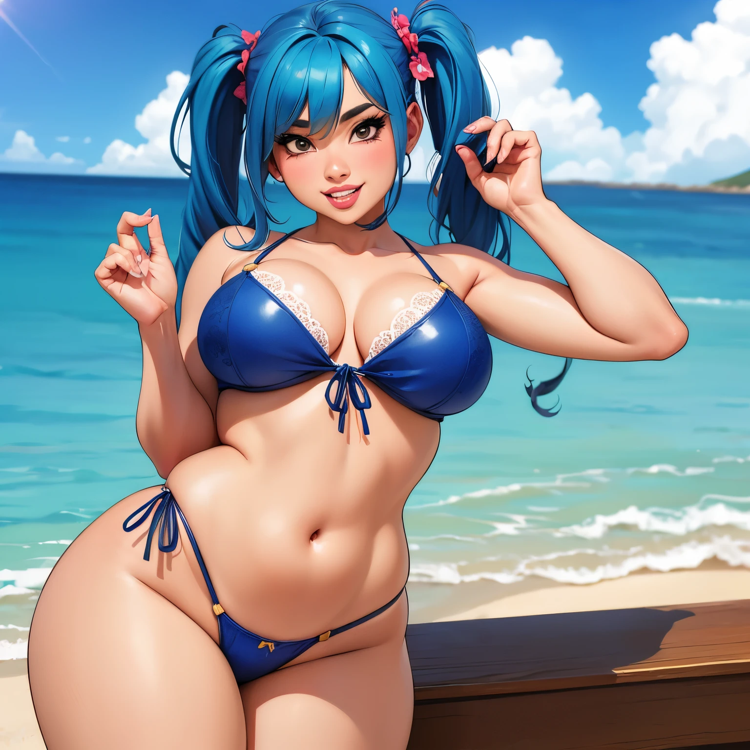((best quality)), ((masterpiece)), (detailed), solo, 1girl , perfect, gorgeous woman with blue bikini, blue hair, pigtails, sexy smile, (luscious lips), (short), medium breast, big buttocks, sexy pose, thicc, by the beach