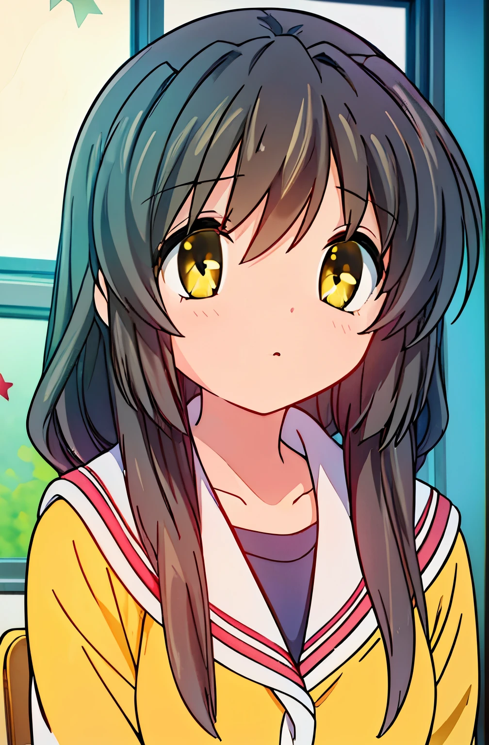 (((masterpiece))), (((best quality))), ((ultra-detailed)), (8K), anime style,(1girl),((yellow star)),classroom