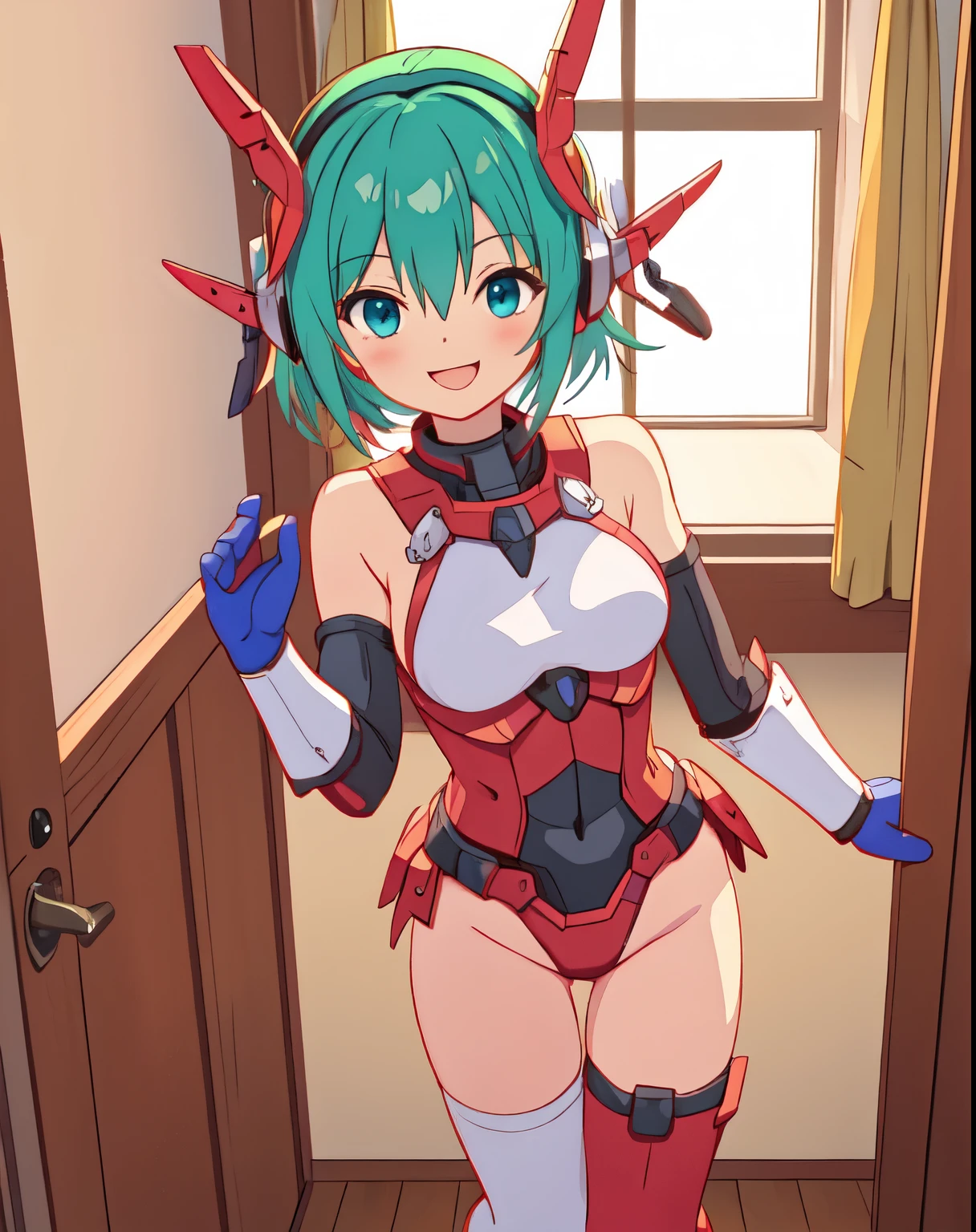 1 girl, in a room, red panties, medium breasts, short hair, green hair, blue eyes, elbow gloves, cute girl, smiling, mecha headgear, seductive pose, full body, beautiful girl