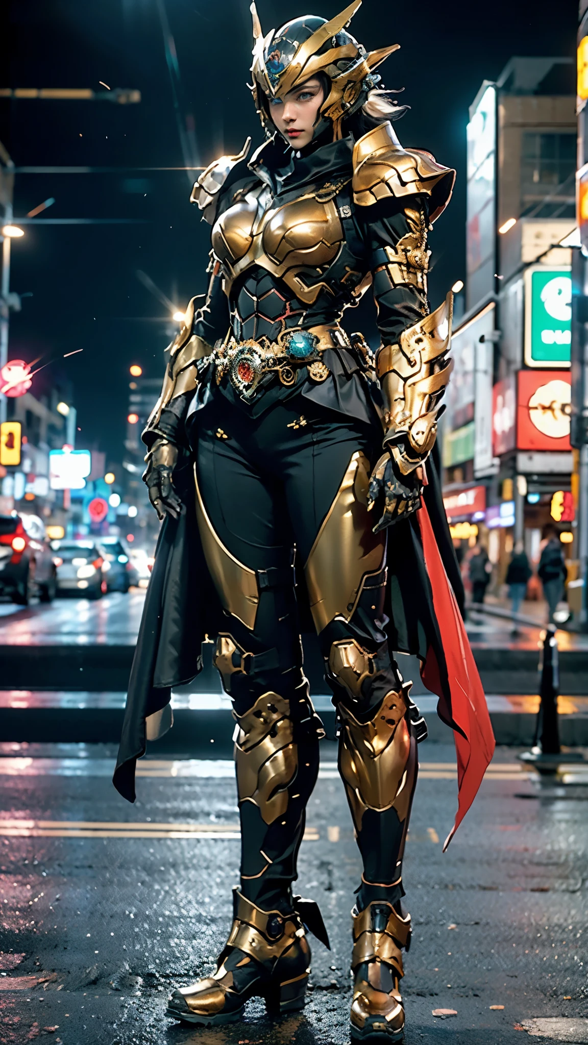 A woman adorned in fantasy-style full-body armor, a crown-concept fully enclosed helmet that unveils only her eyes, a composite layered chest plate, fully encompassing shoulder and hand guards, a lightweight waist armor, form-fitting shin guards, the overall design is heavy-duty yet flexible, ((the armor gleams with a golden glow, complemented by red and blue accents)), exhibiting a noble aura, she floats above the Futuristic city, this character embodies a finely crafted fantasy-surreal style armored hero in anime style, exquisite and mature manga art style, (Dragon concept Armor, photorealistic:1.4, real texture material:1.2), ((city night view, elegant, goddess, femminine:1.5)), metallic, high definition, best quality, highres, ultra-detailed, ultra-fine painting, extremely delicate, professional, anatomically correct, symmetrical face, extremely detailed eyes and face, high quality eyes, creativity, RAW photo, UHD, 32k, Natural light, cinematic lighting, masterpiece-anatomy-perfect, masterpiece:1.5