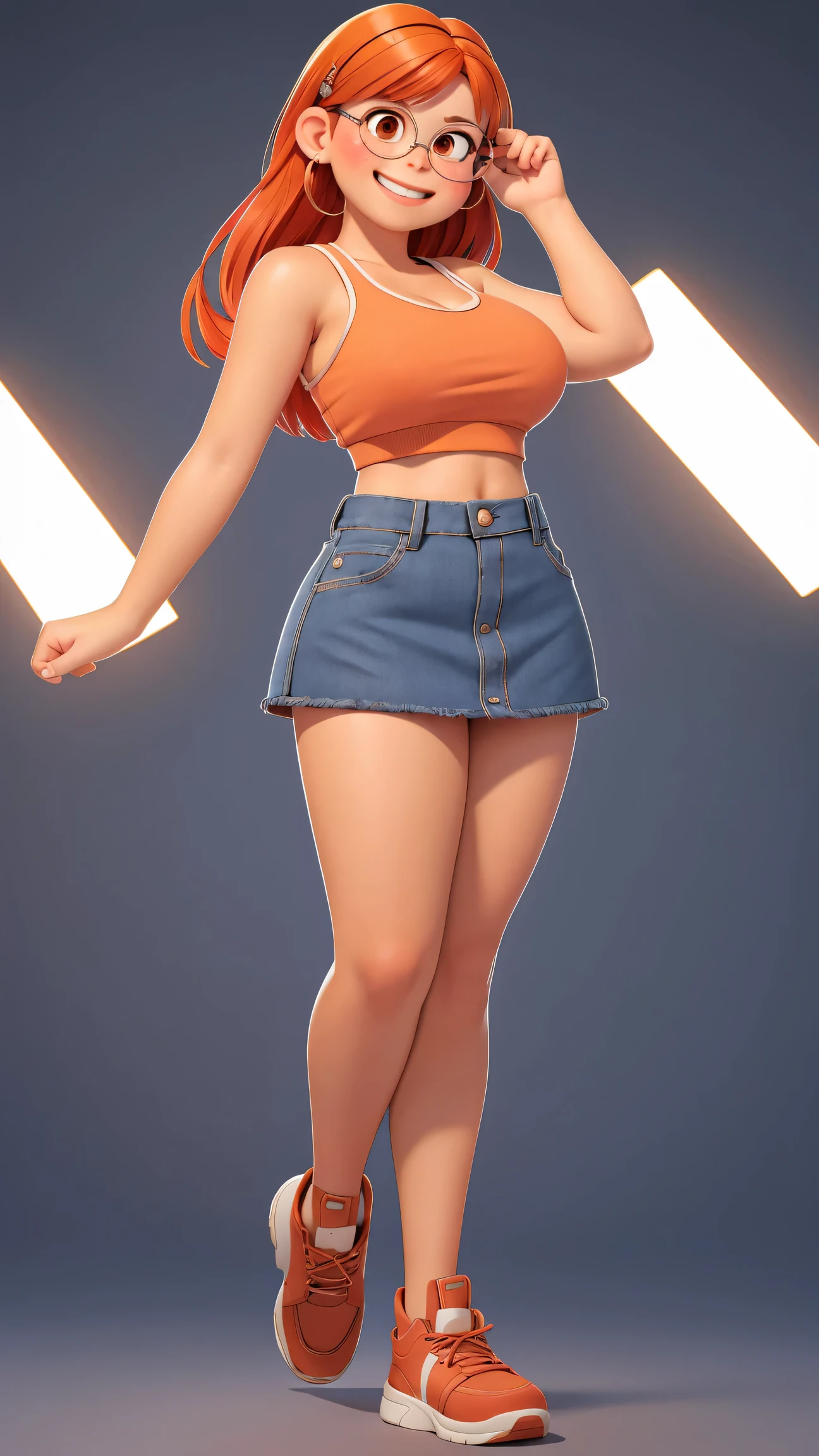 (best quality:1.4),(shiny skin), body focus, (cute face), (((best quality))), illustration, ((Beautiful Finger)), , Beautiful body, Beautiful character design, ,perfect lighting, Colorful, Bright_Front_face_Lighting, ultra high res, highres, absurdres:1.2, bokeh:1.2, lens flare, (vibrant_color:1.2), (Beautiful, large breasts:1.4), full body view, mini skirt, adult, adult,
Reddish-orange hair, red hairclip, circular glasses, (brown eyes:1.2), tank top, smile (chubby:1), blue denim skirt, of small stature,