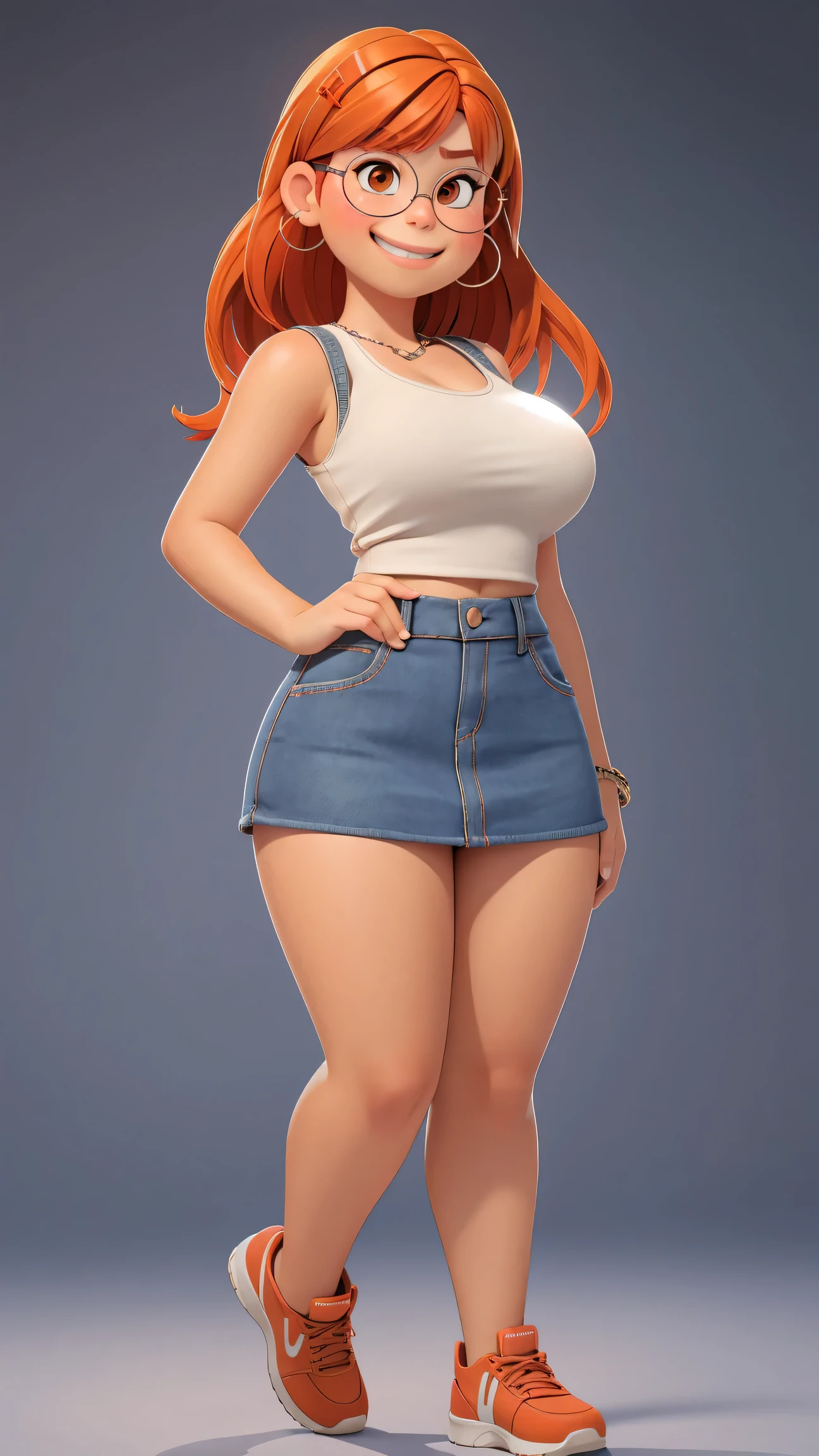 (best quality:1.4),(shiny skin), body focus, (cute face), (((best quality))), illustration, ((Beautiful Finger)), , Beautiful body, Beautiful character design, ,perfect lighting, Colorful, Bright_Front_face_Lighting, ultra high res, highres, absurdres:1.2, bokeh:1.2, lens flare, (vibrant_color:1.2), (Beautiful, large breasts:1.4), full body view, mini skirt, adult, adult,
Reddish-orange hair, red hairclip, circular glasses, (brown eyes:1.2), tank top, smile (chubby:1), blue denim skirt, of small stature,
