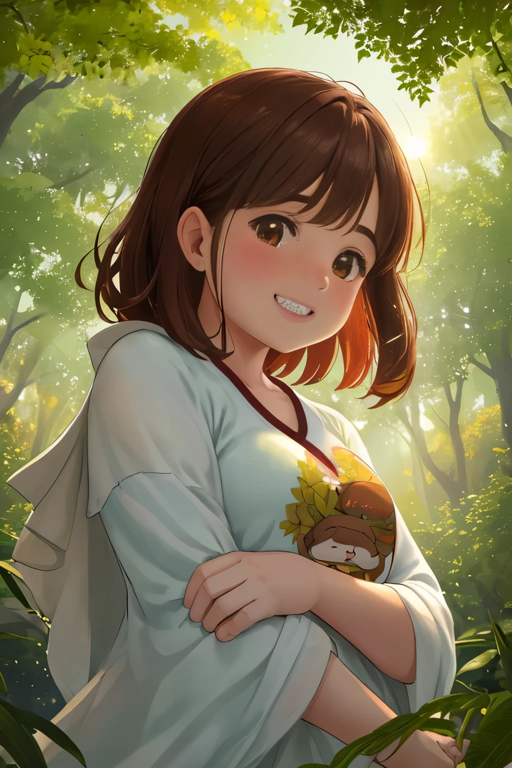 In the heart of a serene park, a chubby girl in a red soft jacket and black t-shirt sits on the lush, emerald-green grass, bathed in the golden sunlight filtering through the leaves of a nearby tree. The depth of field perfectly captures the subtle detail of her chubby face, adorned with a toothy smile and rosy cheeks that seem to reflect the warmth of the sun. Her red brown eyes, as intricately detailed as the eyes of a god, gaze intently at the viewer, creating an unbreakable connection.
The gentle breeze stirs the air, and with it, light particles dance around her, casting a soft, ethereal