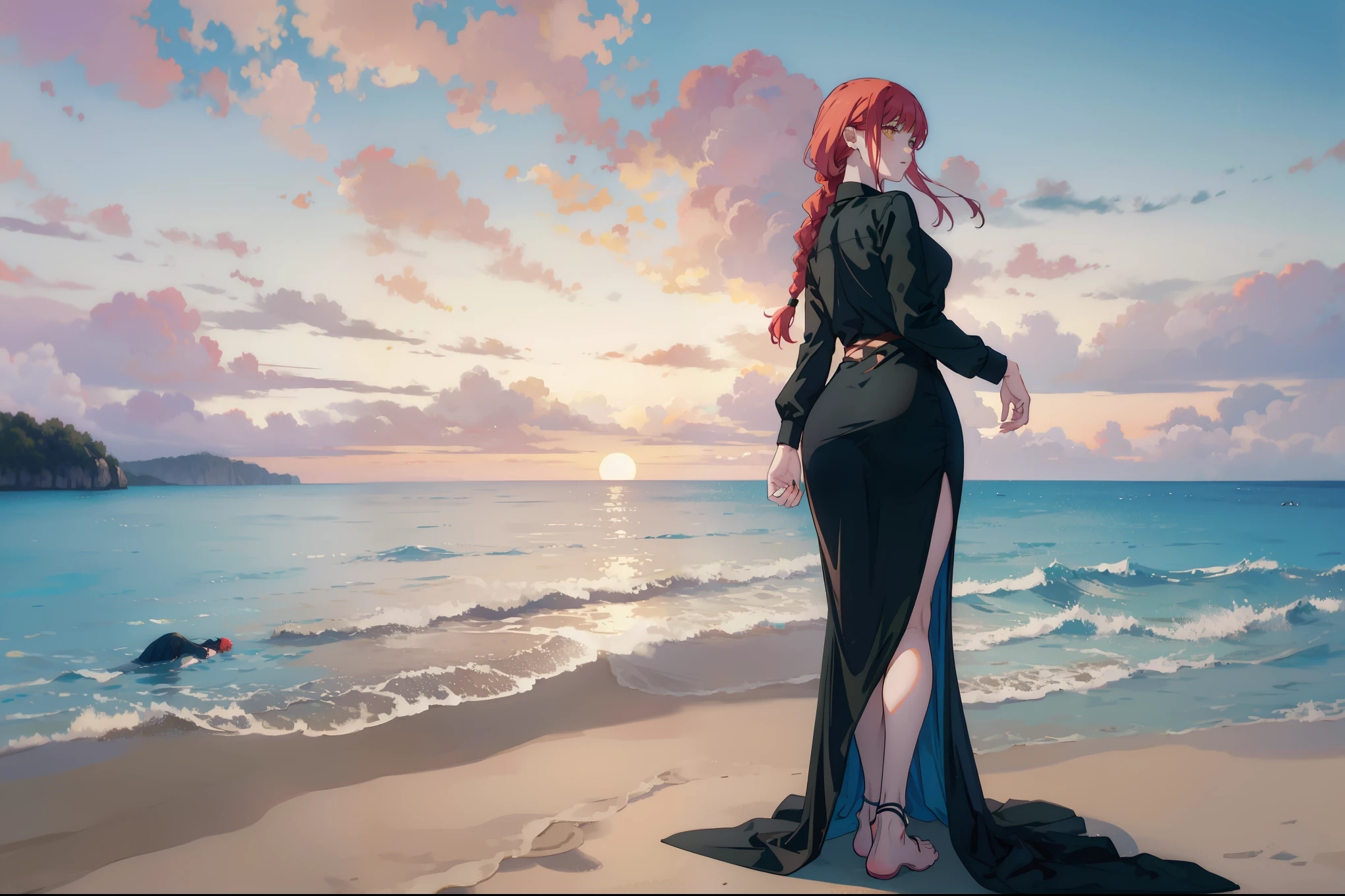 Solo,1girl,a beautiful woman in a tight black dress with long sleeves, from behind, looking back, on a beach, panoramic horizon, sunset, beautiful landscape, masterpiece, stunning body, big ass, barefoot, redhead, braid ,showing her ass, lifting her skirt,entering the water, footprints in the sand 