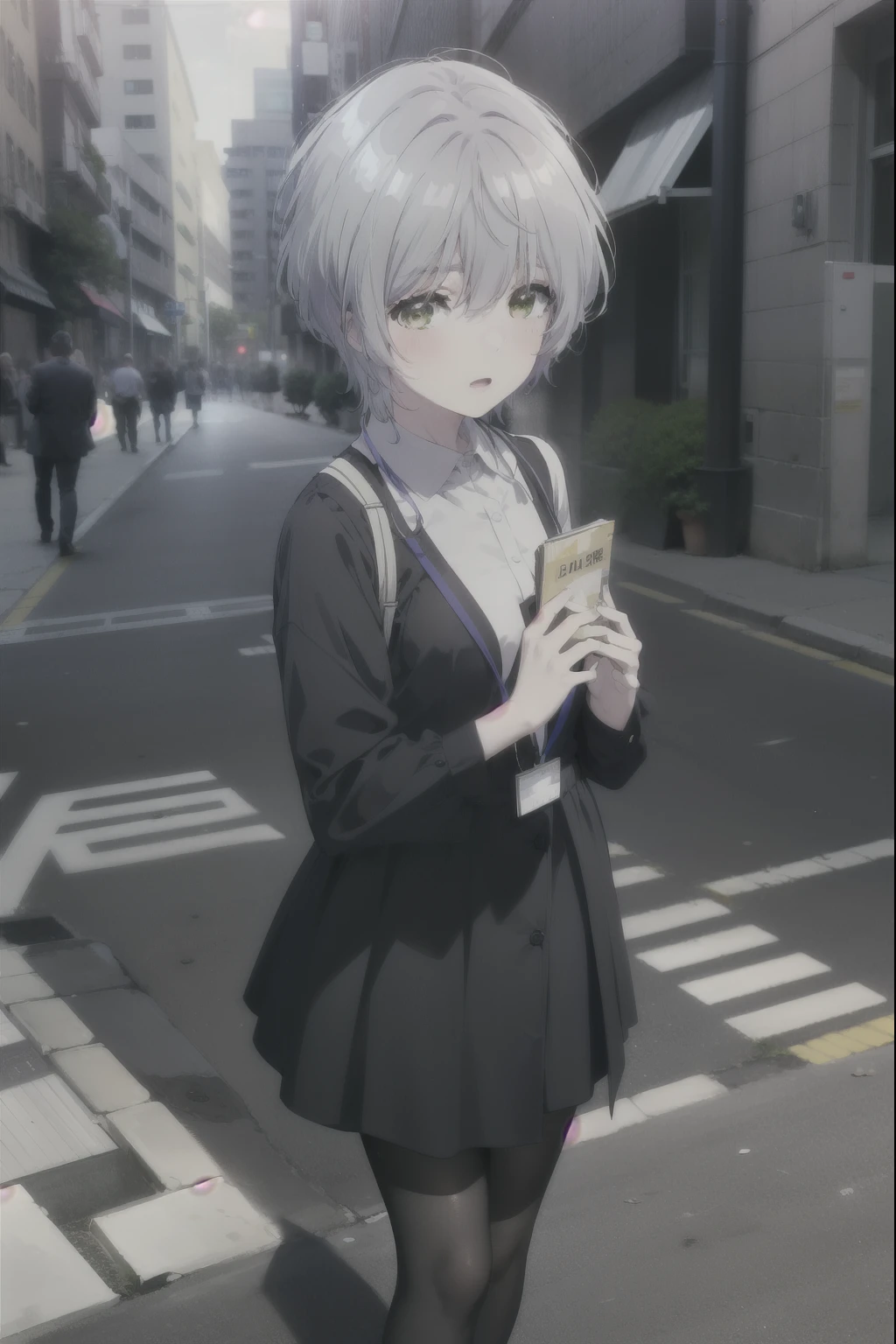 fuukakikuchi, fuuka kikuchi, short hair, bangs, hair between eyes, (green eyes:1.3), gray hair,
black suit jacket, collared jacket, white dress shirt, collared shirt, neckline, button, strap, ID card on neck, black pencil skirt, black pantyhose, stiletto heels,looking at the viewer, (medium chest:1.2),daytime,walking,
break outdoors, In town,building street,
break looking at viewer,
break (masterpiece:1.2), highest quality, High resolution, unity 8k wallpaper, (figure:0.8), (detailed and beautiful eyes:1.6), highly detailed face, perfect lighting, Very detailed CG, (perfect hands, perfect anatomy),