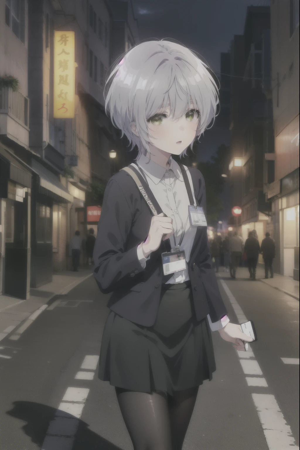 fuukakikuchi, fuuka kikuchi, short hair, bangs, hair between eyes, (green eyes:1.3), gray hair,
black suit jacket, collared jacket, white dress shirt, collared shirt, neckline, button, strap, ID card on neck, black pencil skirt, black pantyhose, stiletto heels,looking at the viewer, (medium chest:1.2),daytime,walking,
break outdoors, In town,building street,
break looking at viewer,
break (masterpiece:1.2), highest quality, High resolution, unity 8k wallpaper, (figure:0.8), (detailed and beautiful eyes:1.6), highly detailed face, perfect lighting, Very detailed CG, (perfect hands, perfect anatomy),