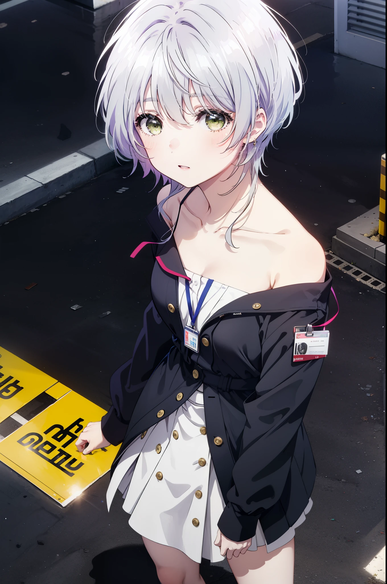 fuukakikuchi, fuuka kikuchi, short hair, bangs, hair between eyes, (green eyes:1.3), gray hair,
black suit jacket, collared jacket, white dress shirt, collared shirt, neckline, button, strap, ID card on neck, black pencil skirt, black pantyhose, stiletto heels,looking at the viewer, (medium chest:1.2),daytime,walking,
break outdoors, In town,building street,
break looking at viewer,
break (masterpiece:1.2), highest quality, High resolution, unity 8k wallpaper, (figure:0.8), (detailed and beautiful eyes:1.6), highly detailed face, perfect lighting, Very detailed CG, (perfect hands, perfect anatomy),