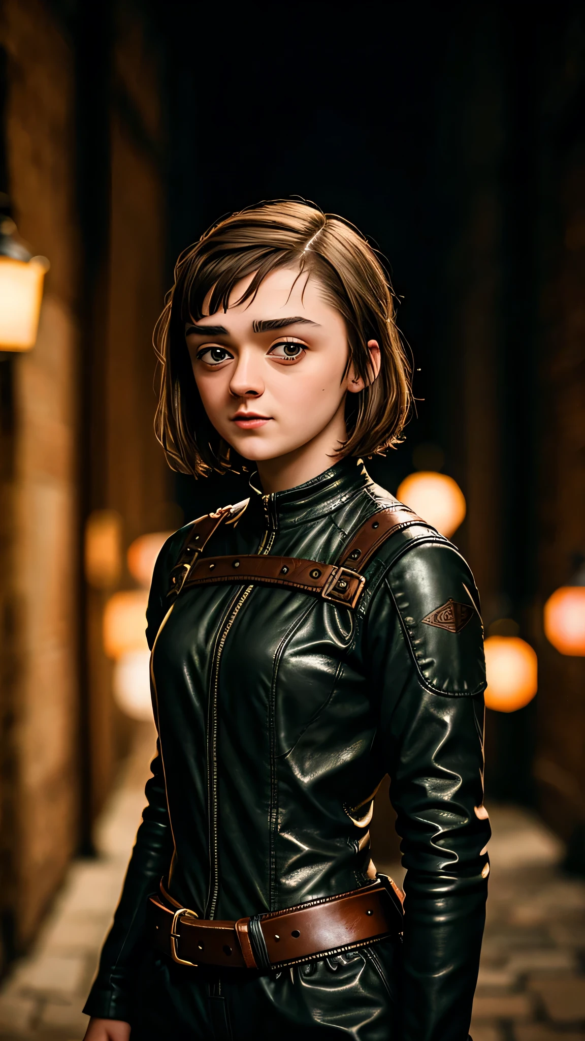 adult (sks woman:1) as Arya Stark, short brown locks, luxury brown assasin leather suit, holding daggers, standing on the medival street, 1woman, solo, beautiful detailed glow, detailed, cinematic light, intricate detail, realistic, highres, detailed facial features, high detail, sharp focus, smooth, aesthetic, extremely detailed, stamp, octane render