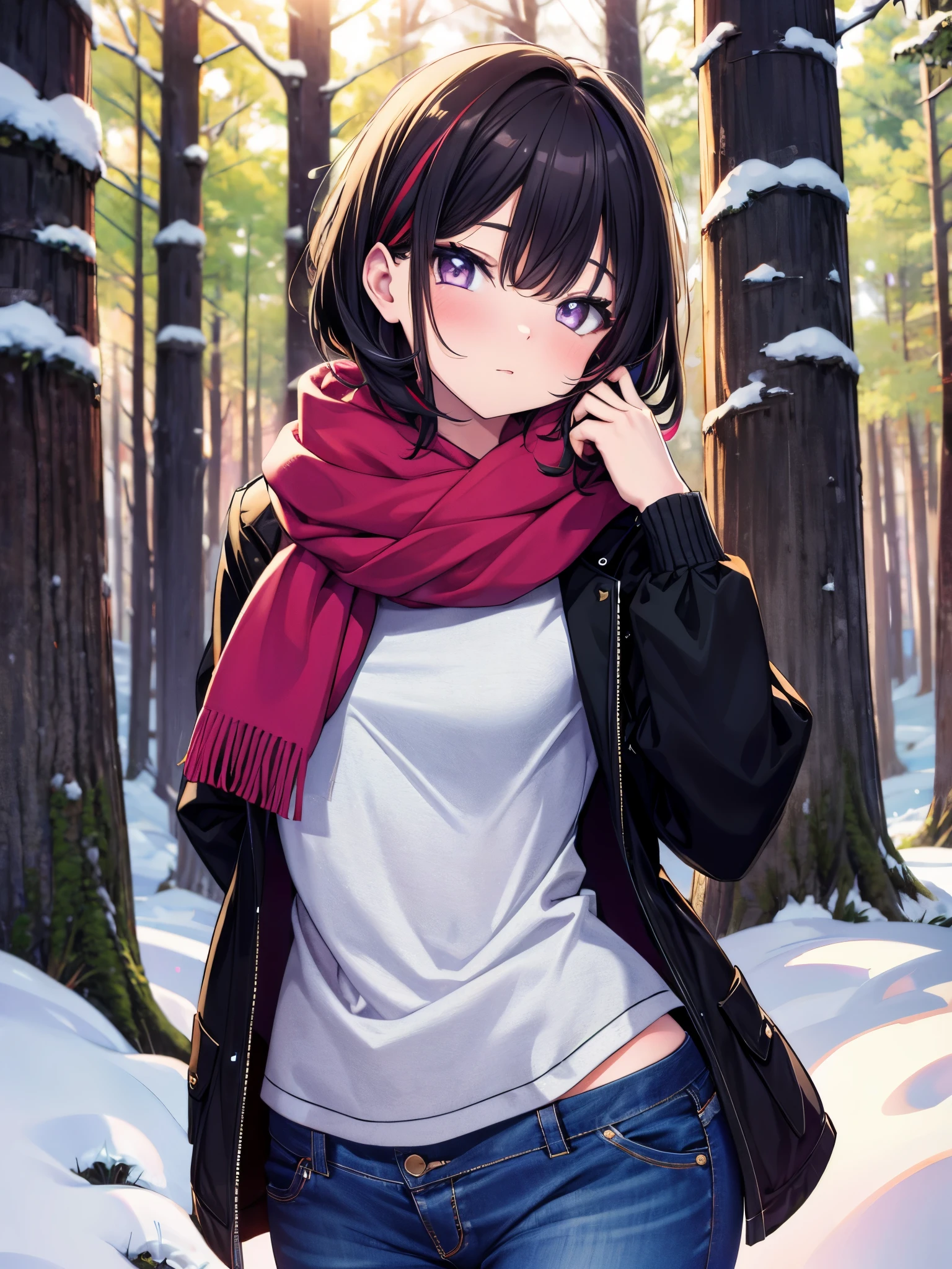 (cowboy shot), (best quality, ultra-high resolution, depth of field:1.2), solo, adult, 1woman, toned body, medium breasts, wide hips, black hair, streaked hair, short hair, bangs, upturned amethyst eyes, a hint of melancholy in her gaze, winter, warmly dressed (wearing a winter outfit), denim jeans, snow-laden pine forest, golden light filtering through the trees, wisps of breath visible in the cold air