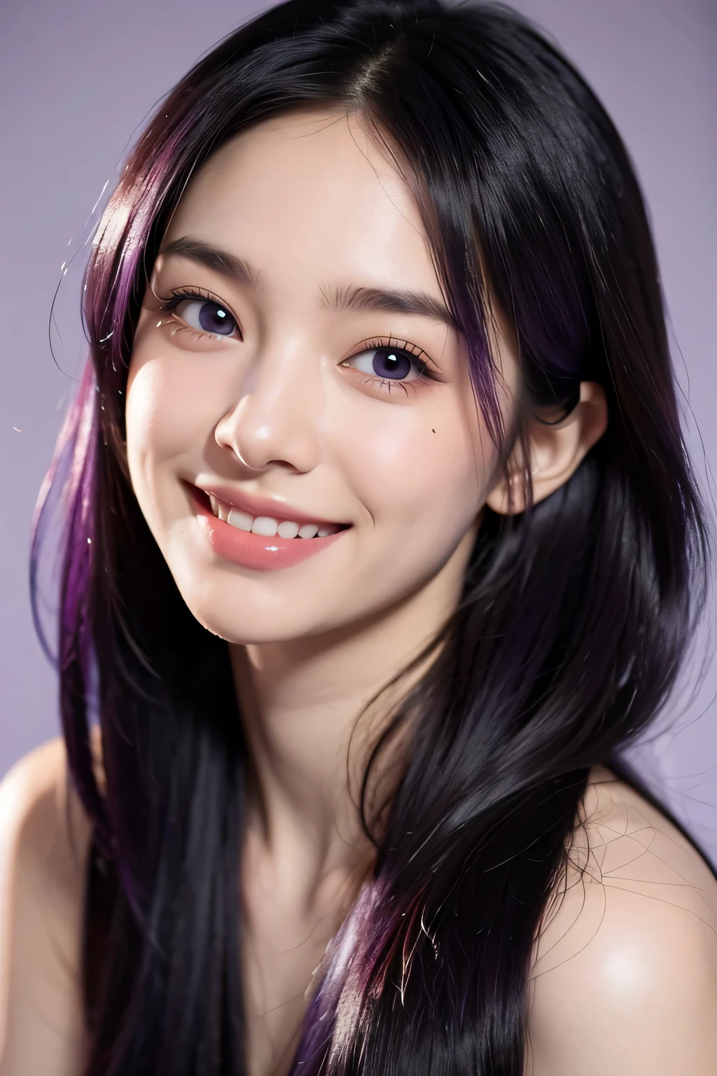 best quality, high quality, a cute girl, solo, beautiful purple hair, beautiful purple eyes, light smile, black hair