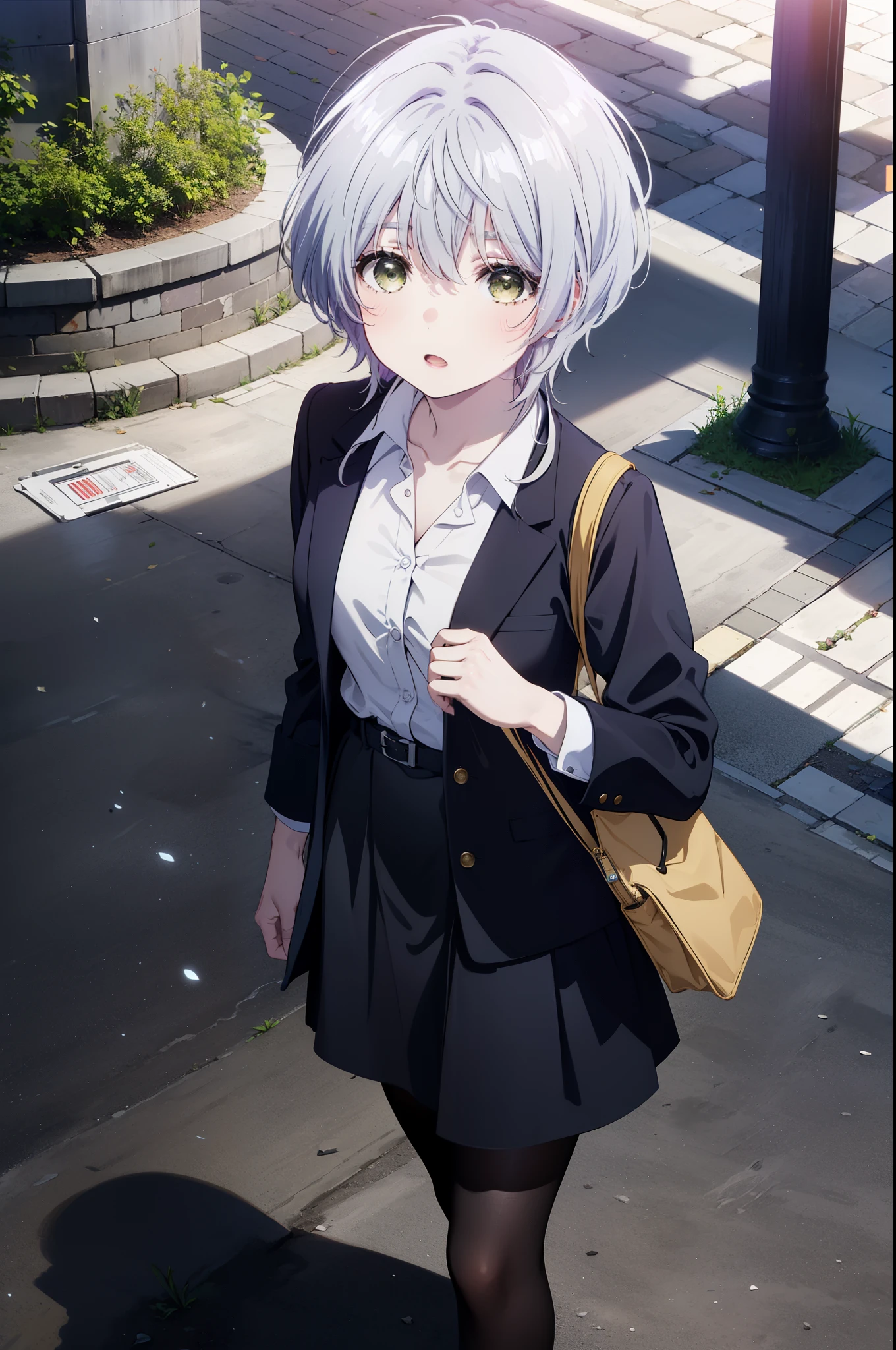 fuukakikuchi, fuuka kikuchi, short hair, bangs, hair between eyes, (green eyes:1.3), gray hair,
black suit jacket, collared jacket, white dress shirt, collared shirt, neckline, button, strap, ID card on neck, black pencil skirt, black pantyhose, stiletto heels,looking at the viewer, (medium chest:1.2),daytime,walking,business bag,
break outdoors, In town,building street,
break looking at viewer,
break (masterpiece:1.2), highest quality, High resolution, unity 8k wallpaper, (figure:0.8), (detailed and beautiful eyes:1.6), highly detailed face, perfect lighting, Very detailed CG, (perfect hands, perfect anatomy),