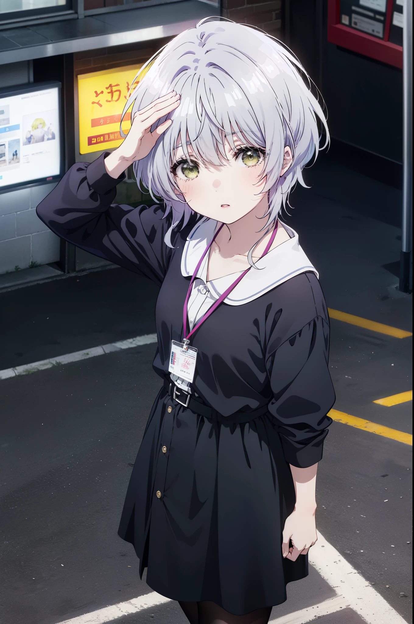 fuukakikuchi, fuuka kikuchi, short hair, bangs, hair between eyes, (green eyes:1.3), gray hair,
black suit jacket, collared jacket, white dress shirt, collared shirt, neckline, button, strap, ID card on neck, black pencil skirt, black pantyhose, stiletto heels,looking at the viewer, (medium chest:1.2),daytime,walking,business bag,
break outdoors, In town,building street,
break looking at viewer,
break (masterpiece:1.2), highest quality, High resolution, unity 8k wallpaper, (figure:0.8), (detailed and beautiful eyes:1.6), highly detailed face, perfect lighting, Very detailed CG, (perfect hands, perfect anatomy),