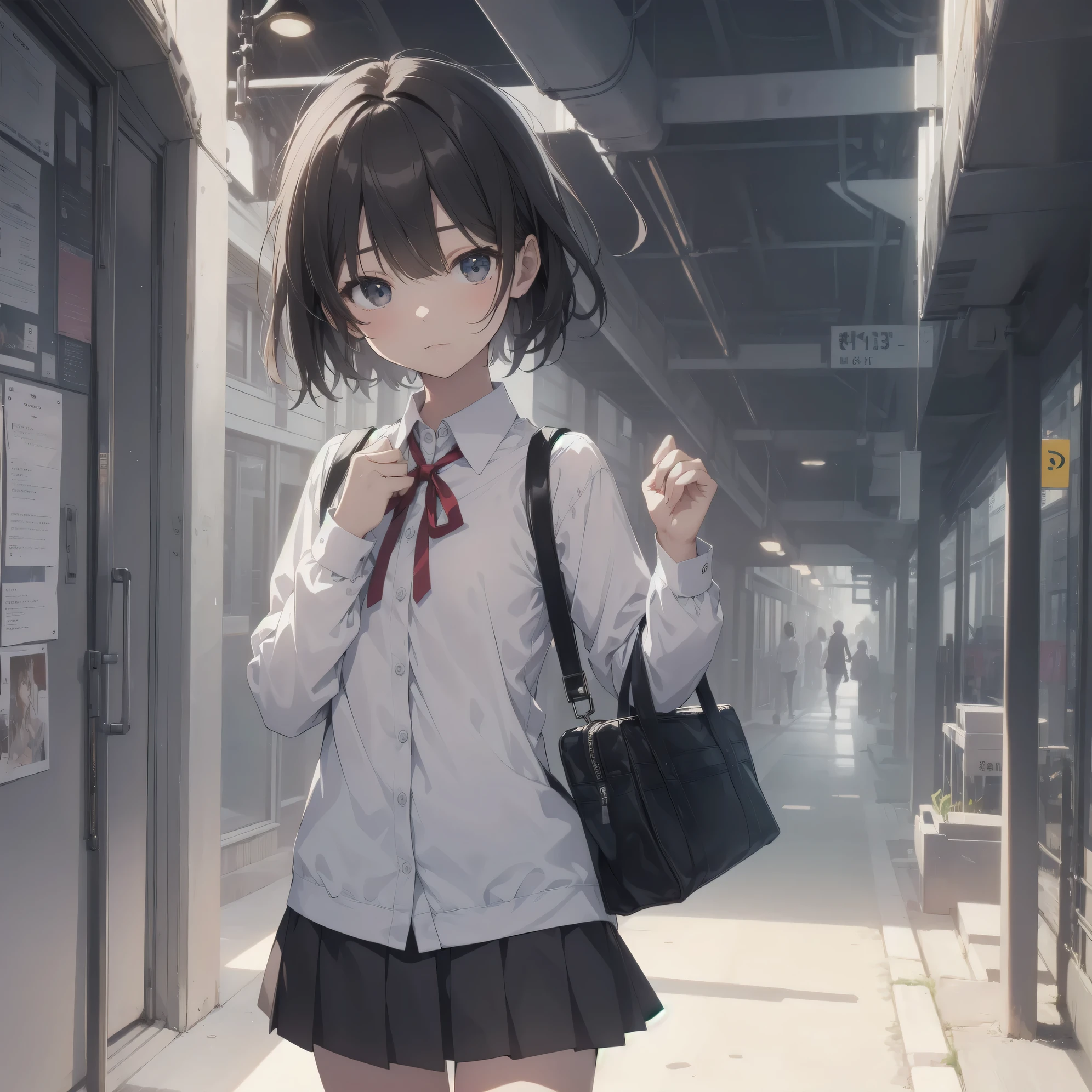 Super absurd quality by the god of art, super detailed, High resolution, ((artist:Fujiyama)), artist:ningen_blister, artist:Digit, anime moe art style, Best Anime 8K Kona-chan Wallpaper, pixiv contest winner, perfect anatomy, break,(眠そうにalone学校へ行く女の子を描いてください. )break,1 girl, (alone,little woman, baby face, 13 years old:1.3),All limbs, full finger,, The charm of an immature body, (very_short hair), Bang, flat chest, small ass, between legs, small black eyes, detailed and beautiful eyes, Well-proportioned iris and pupils, expressive eyes, sleepy eyes, High resolutionの詳細な髪, neck ribbon, shirt, collared shirt, skirt, pleated skirt, school uniform, school bag,(detailed lighting), (detailed background), On the way to school. break,super dense skin, Best cinematic lighting powered by famous artist, 8k,collaboration illustration,photoshop_(Moderate),Absurd Hi-Res,Hmm,rough skin,