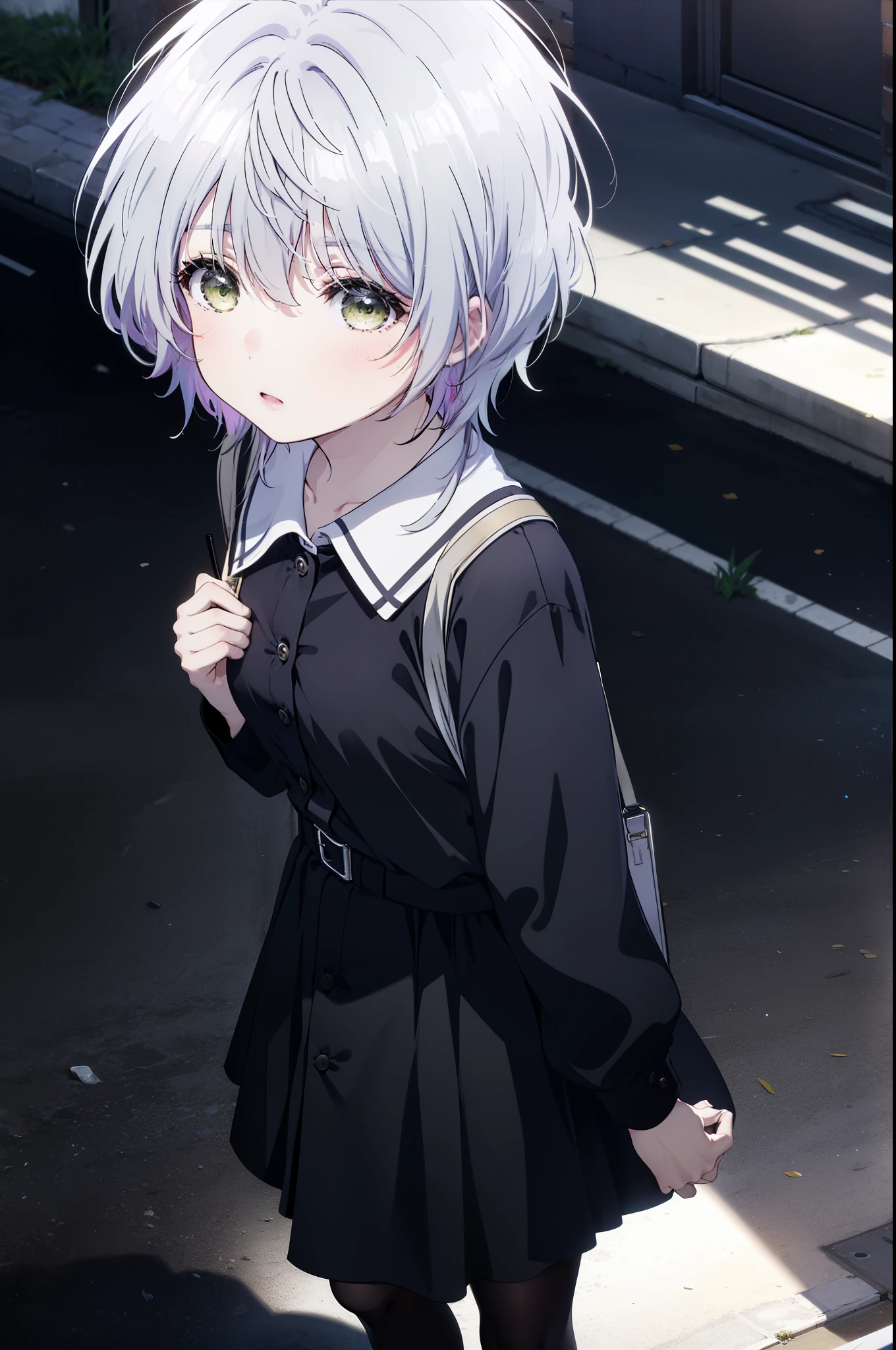 fuukakikuchi, fuuka kikuchi, short hair, bangs, hair between eyes, (green eyes:1.3), gray hair,
black suit jacket, collared jacket, white dress shirt, collared shirt, neckline, button, strap, ID card on neck, black pencil skirt, black pantyhose, stiletto heels,looking at the viewer, (medium chest:1.2),daytime,walking,business bag,
break outdoors, In town,building street,
break looking at viewer,
break (masterpiece:1.2), highest quality, High resolution, unity 8k wallpaper, (figure:0.8), (detailed and beautiful eyes:1.6), highly detailed face, perfect lighting, Very detailed CG, (perfect hands, perfect anatomy),