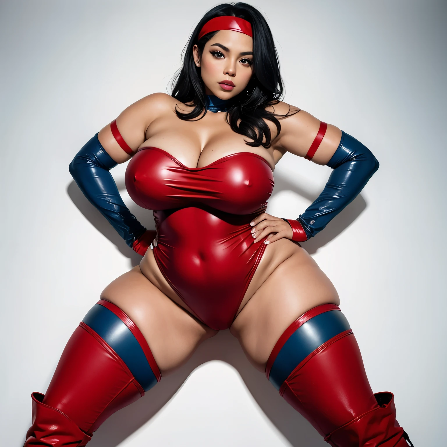 30 year old Latina, black hair, thick and curvy body, thick thighs, wide hips, narrow waist, small breasts, strapless leotard half blue and half red with star, red sweatband, red gauntlets, red boots, white background, erotically standing
