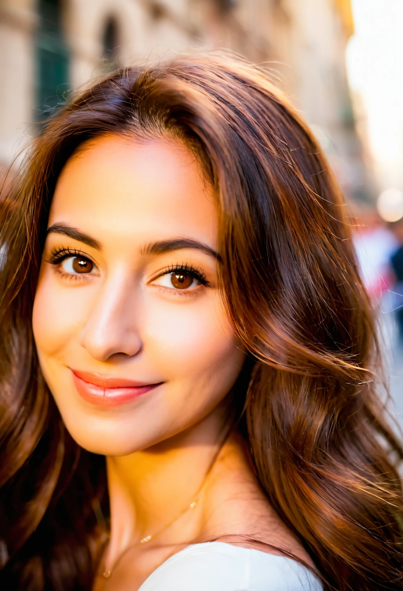 Portrait of an italian young woman in the heart of the bustling city during the golden hour using a DSLR with an 85mm prime lens, aiming for a dreamy and peaceful mood in a close-up shot with f/1.8 aperture, 1/320 sec shutter speed, and ISO 100 from a normal angle and eye line. Her long, wavy chestnut hair cascades down her back, framing her elegant features. Expressive brown eyes gazing directly at the viewer. Pleasant smile. perfecteyes.