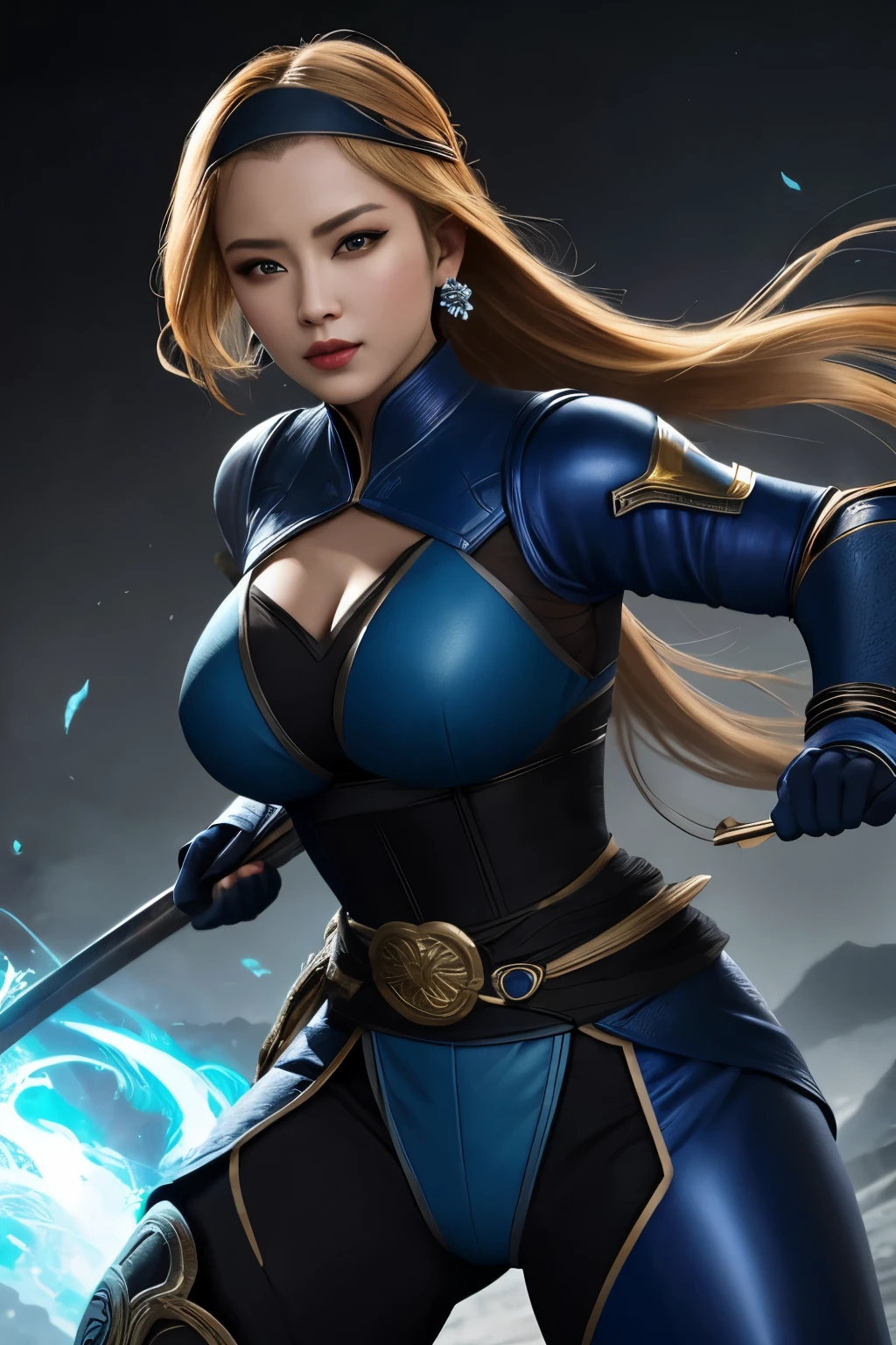 (masterpiece, top quality, best quality, official art, beautiful and aesthetic:1.2), (1girl:1.3), (fractal art:1.3), solo, Kitana from mortal kombat, Mortal Kombat video game, blonde hair
black headband, long blonde hair, huge breasts, beautiful faces, asian lady, blue ninja uniform for lady, black gloves, blonde hair,blue long socks, long blue footwear, (steel fans in her hands) , waving with steel fans with her arm,
large breasts,sexy ninja blue uniform , earrings, midriff, navel,toned,
looking at viewer, upper body, fighting stance, background contains Mortal kombat logo