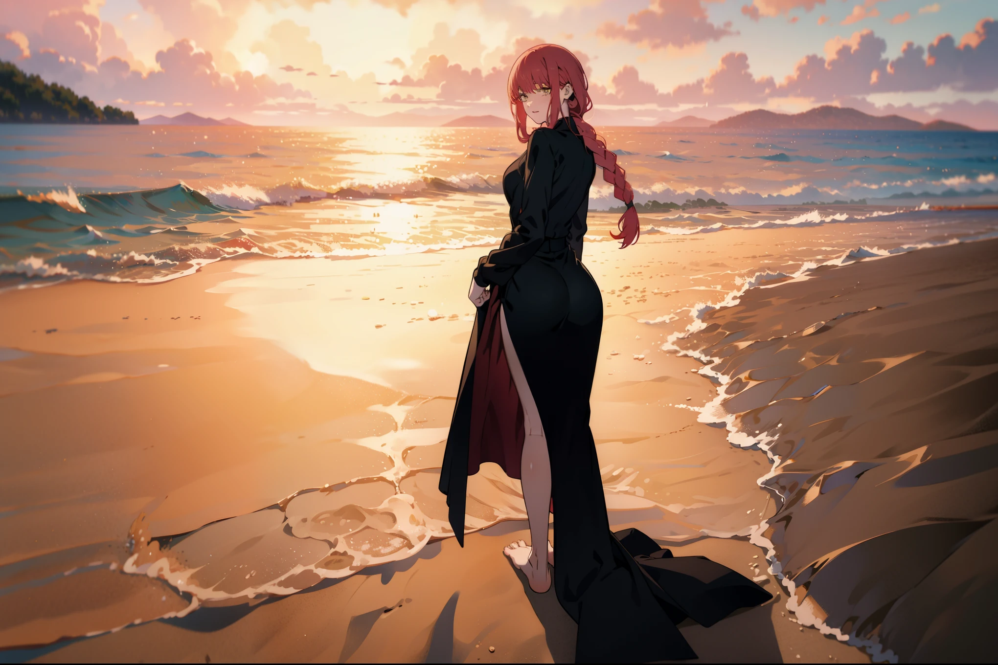 Solo,1girl,a beautiful woman in a tight black dress with long sleeves, from behind, looking back, on a beach, panoramic horizon, sunset, beautiful landscape, masterpiece, stunning body, big ass, barefoot, redhead, braid ,showing her ass, lifting her skirt,entering the water, footprints in the sand 