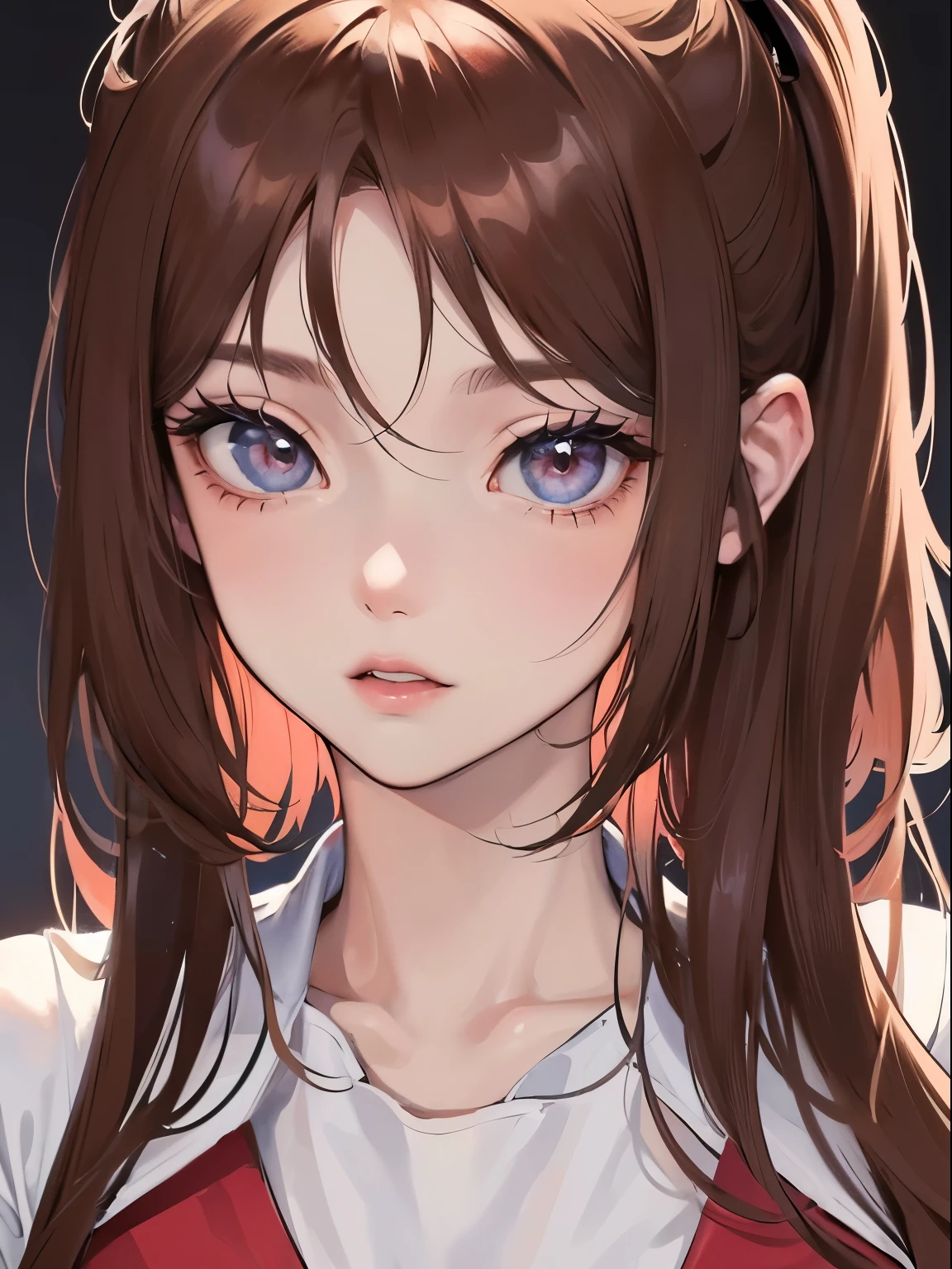 Chica anime, fondo de pasillo de escuela, labios gruesos y rosados, long brown hair with bangs, ojos azules, buen cuerpo, de frente, good anatomy, 