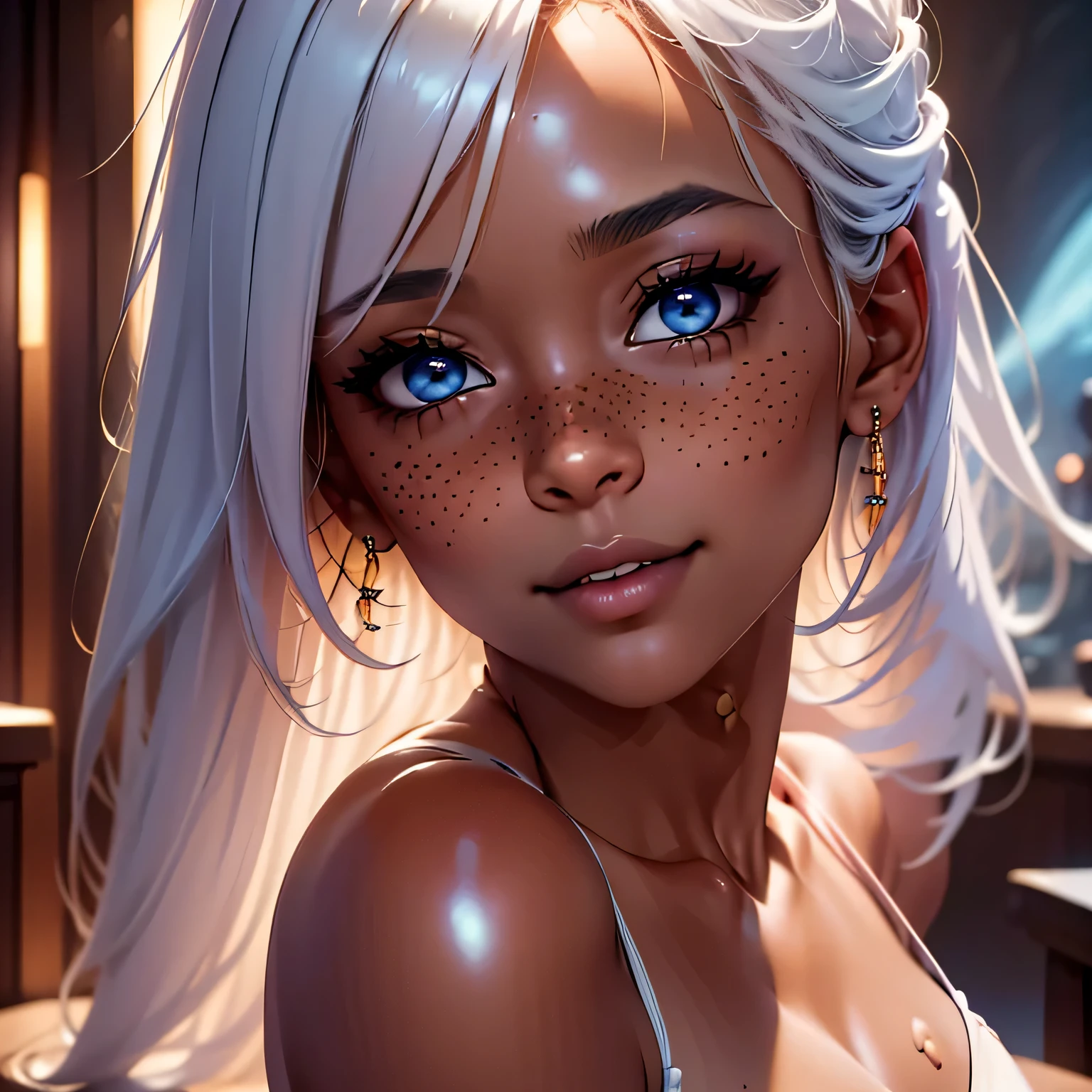 Request: Generate a photorealistic image of a young, beautiful woman, 18 years old, with a fit and attractive body. The image should have a high-quality, 8k resolution, and use advanced rendering techniques such as photon mapping, radiosity, and physical rendering with automatic white balance. The lighting should be cinematic, with high, magistral lighting and a slightly elevated twilight. Details: The woman should have smooth, soft skin with visible pores and a heart-shaped butt, which is a current trend in Brazil. She should be wearing gym clothes, specifically cotton knit shorts and leggings, with cotton panties or sleeping attire that is very short. The image should focus on her beautiful and symmetrical face, with ultra-detailed eyes, and a bikini mark on her tanned skin. Pose: The woman should be posing in a sexy manner, looking directly at the viewer. She may be semi-nude, with small breasts and nipples visible, and her hair should be detailed with a fringe and freckles. She should have a smiling expression. Background: The background should be ultra-detailed, rendered using CGI with Unreal Engine 5. It can include random scenery, but should have a soft focus effect. The final artwork should not be based on a specific photograph, but should appear realistic. Composition: The image should evoke a sense of technology and high-quality craftsmanship, reminiscent of a masterpiece illustration and CG art. The composition should include elements of unity, wallpaper, and official art. The final image should present fine details, extreme delicacy, and beauty, with a sharp focus and high level of detail.