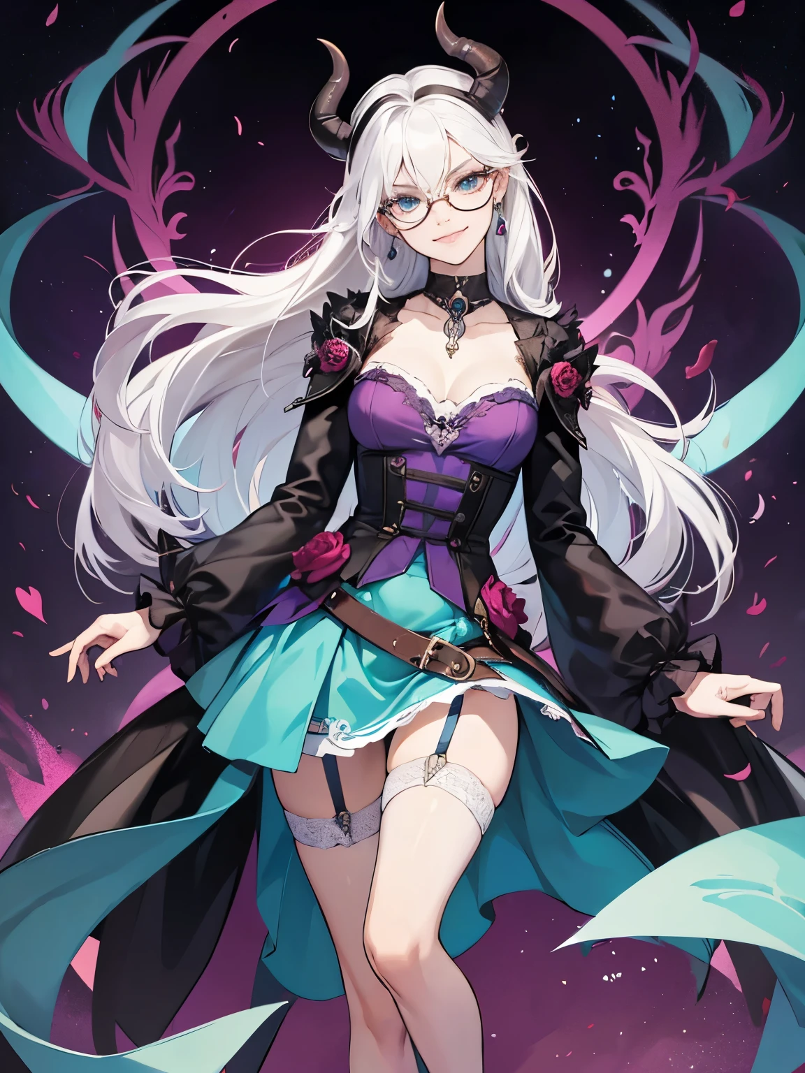 8k, masterpiece, best quality, 1girl, solo, beautiful face, tiefling, warlock, white hair, long hair, glasses, earrings, mole under left eye, sexy, miniskirt, garter belt, high heels, navel piercing, purple and teal dress, collar bone, villainous, smirk, flirtatious, fullbody view, head to toes, standing, looking at viewer, rose tattoo at chest.