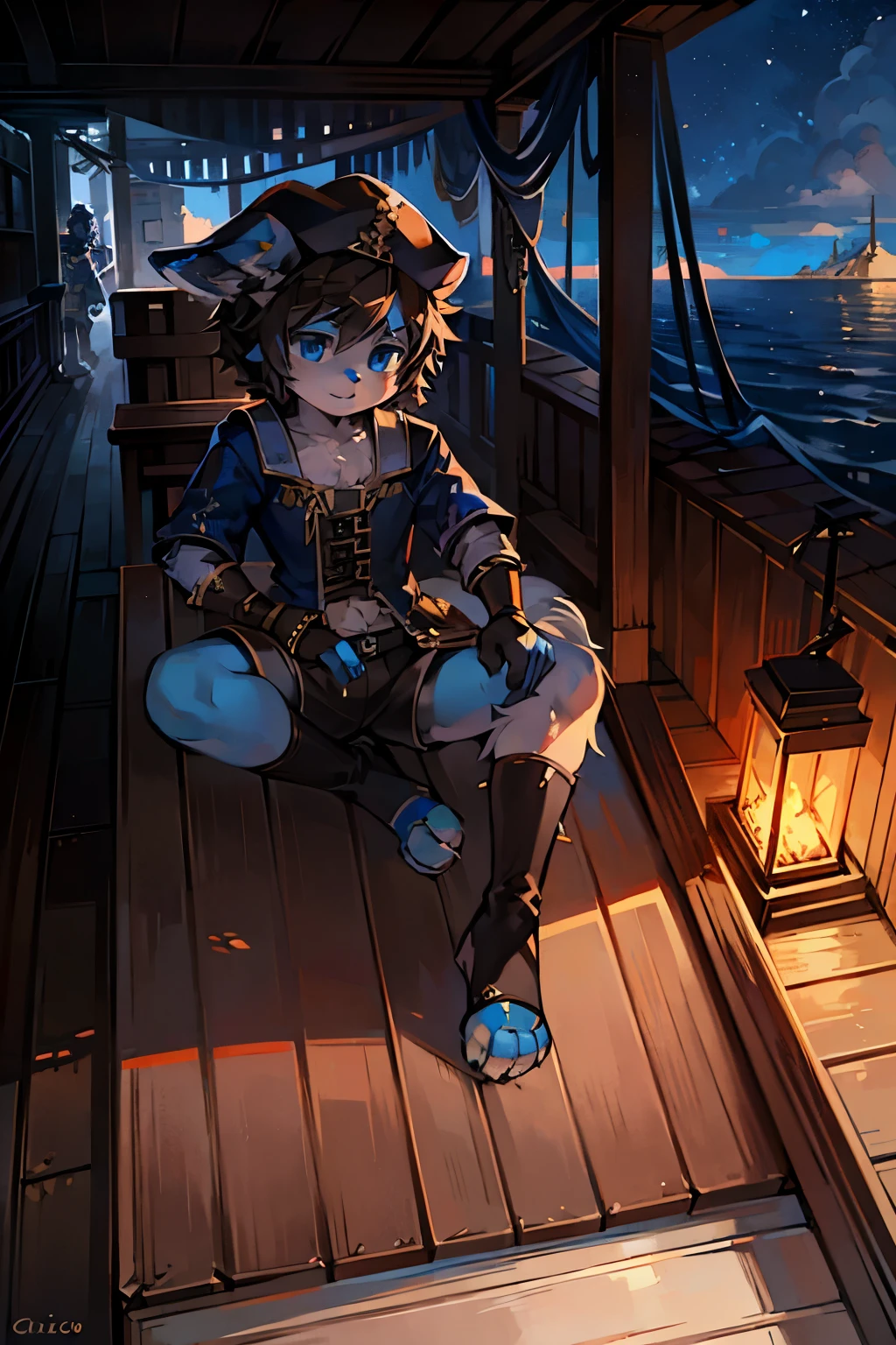 1 Chico, Wolf, white and blue fur, young people, blue eyes, messy hair, black hair, short hair, masterpiece, Very detailed, clothing,cap,on board,On deck