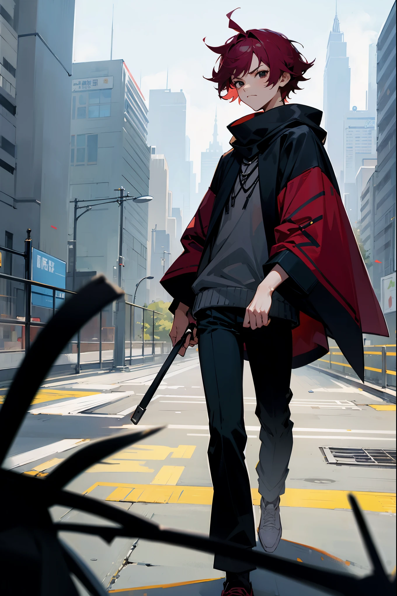 1male, maroon hair, short messy spike hair, black eyes, dark modern clothing, casual clothing, poncho, city background, day time, walking on path, close shot, annoyed expression