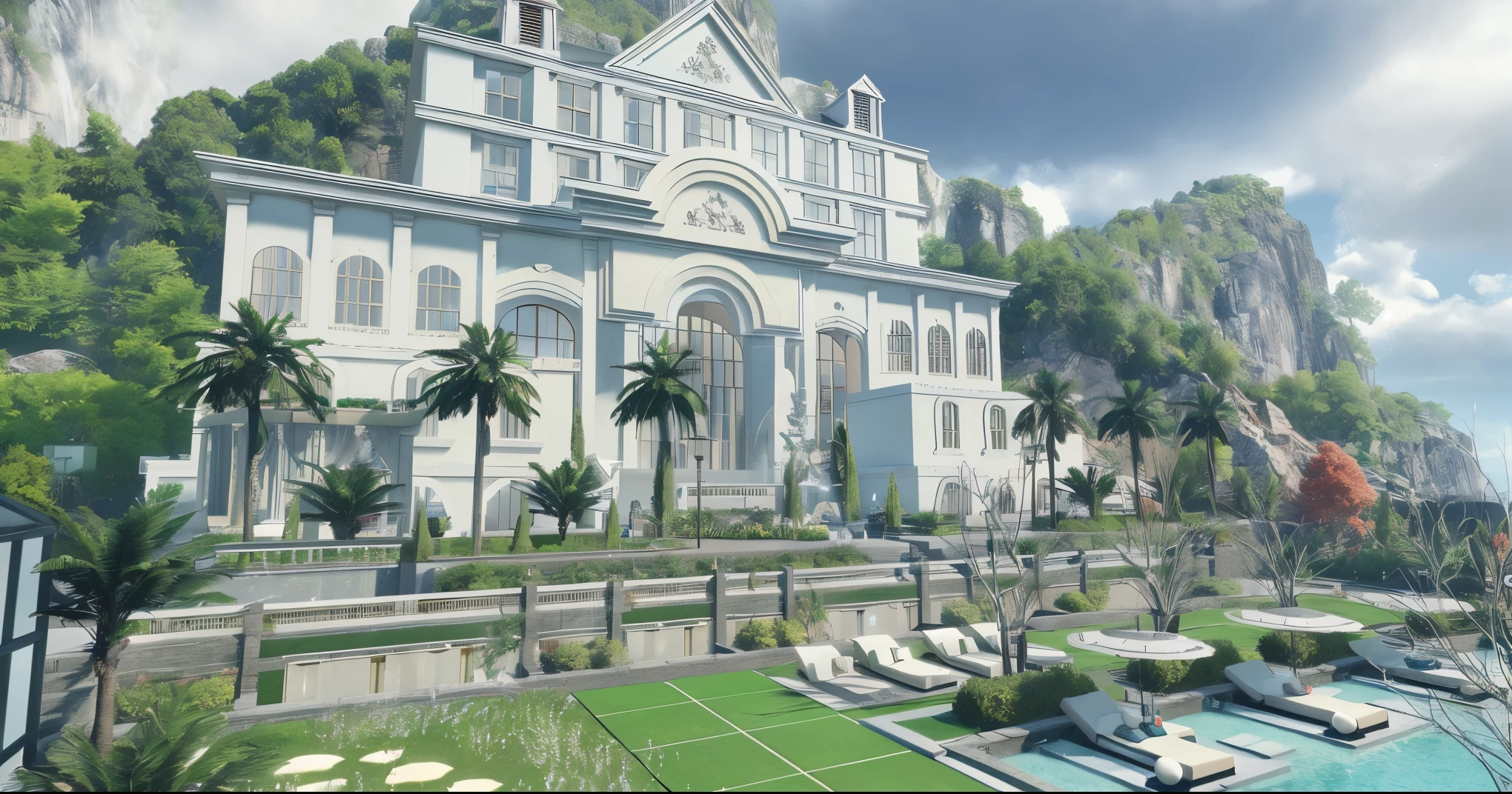 There is a big white building，There is a swimming pool in front, Unreal Engine 5 High Rendering, Nice screenshot, Highly detailed Unreal Engine, Rendering in Lumion Pro, Rendering in cryengine, Rendered in Unreal Engine 4k hq, Rendered in Unreal Engine 4K HQ, Stunning details in Unreal Engine 6, neoclassical bureau, Rendered with RTX, huge mansion