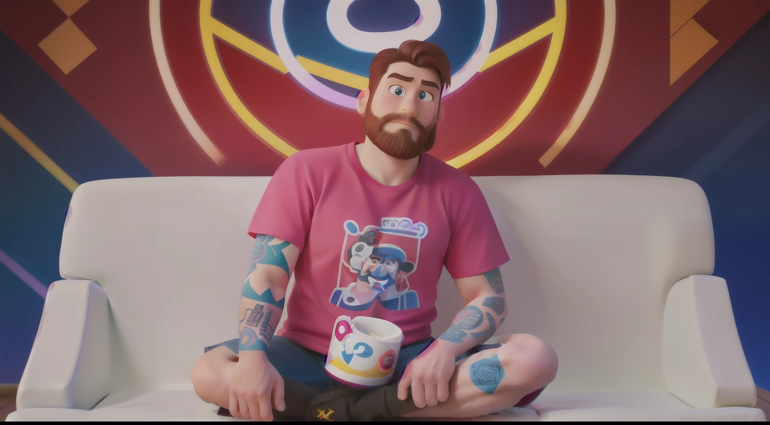 Disney pixar style, a man with a very short beard is sitting on a white couch, wearing a pink T-shirt with visible text and has several tattoos on his arms. The background features a colorful graphic design with circular patterns in red, blue, and yellow.