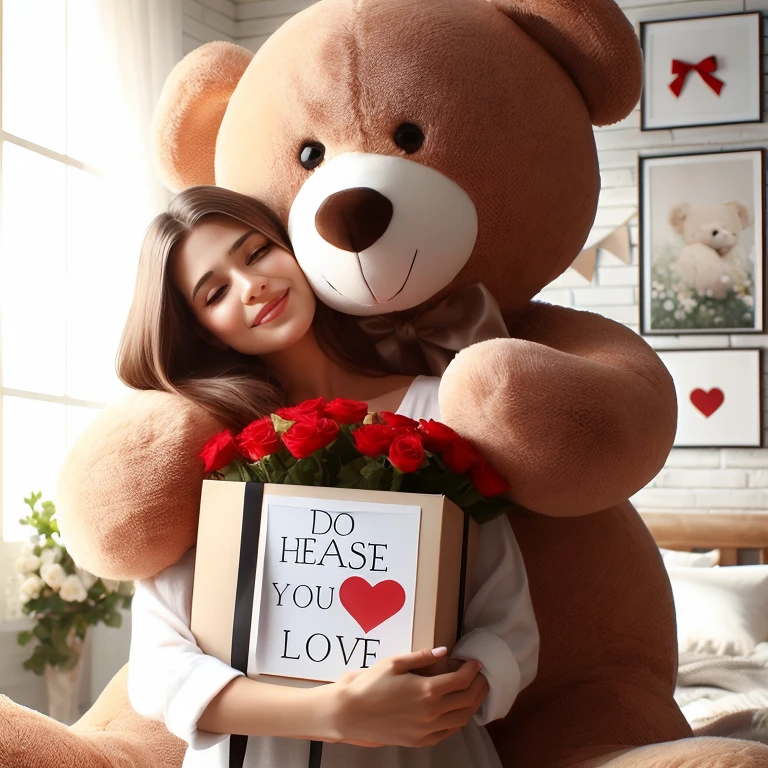 woman holding a large oso de peluche with a sign that says do please you love, holding a oso de peluche, abrazo, abrazos, con flores, linda mujer, Te amo, foto publicitaria, oso de peluche, por Julia Pishtar, 1614572159, Mensaje, Close-up photography, romantic, retrato, the woman holds more toys