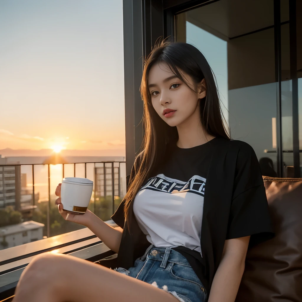 20 year old girl, beautiful girl,very big breast,oversized t-shirts and black shorts,girl sitting on relax chair in apartment balcony,coffee table,coffee cup in hand, enjoying sunset,her facentoward the sunset,facing to sunset,sunset light on face,hyper realistic, hyper perfect expression, 8k, 16k, hyper perfect photo