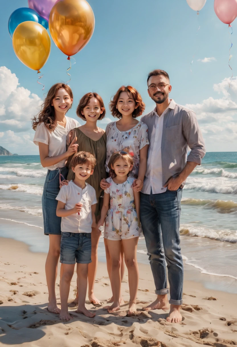 celebrate birthday on beach, happy family, birthday balloon, close up, best quality, masterpiece, Representative work, official art, Professional, Ultra intricate detailed, 8k